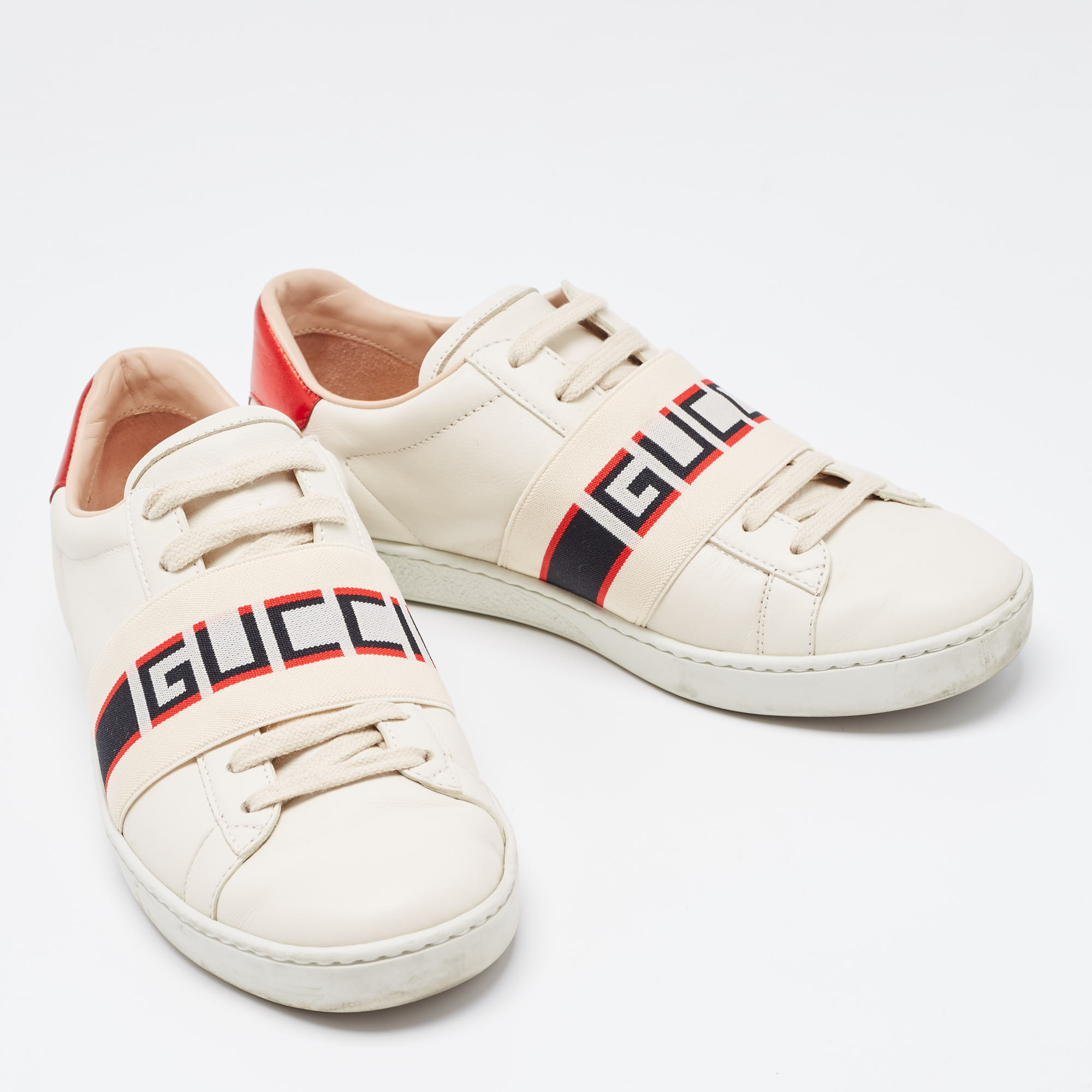Gucci Cream/Red Leather Ace Gucci Band Low Top Sneakers Size 37