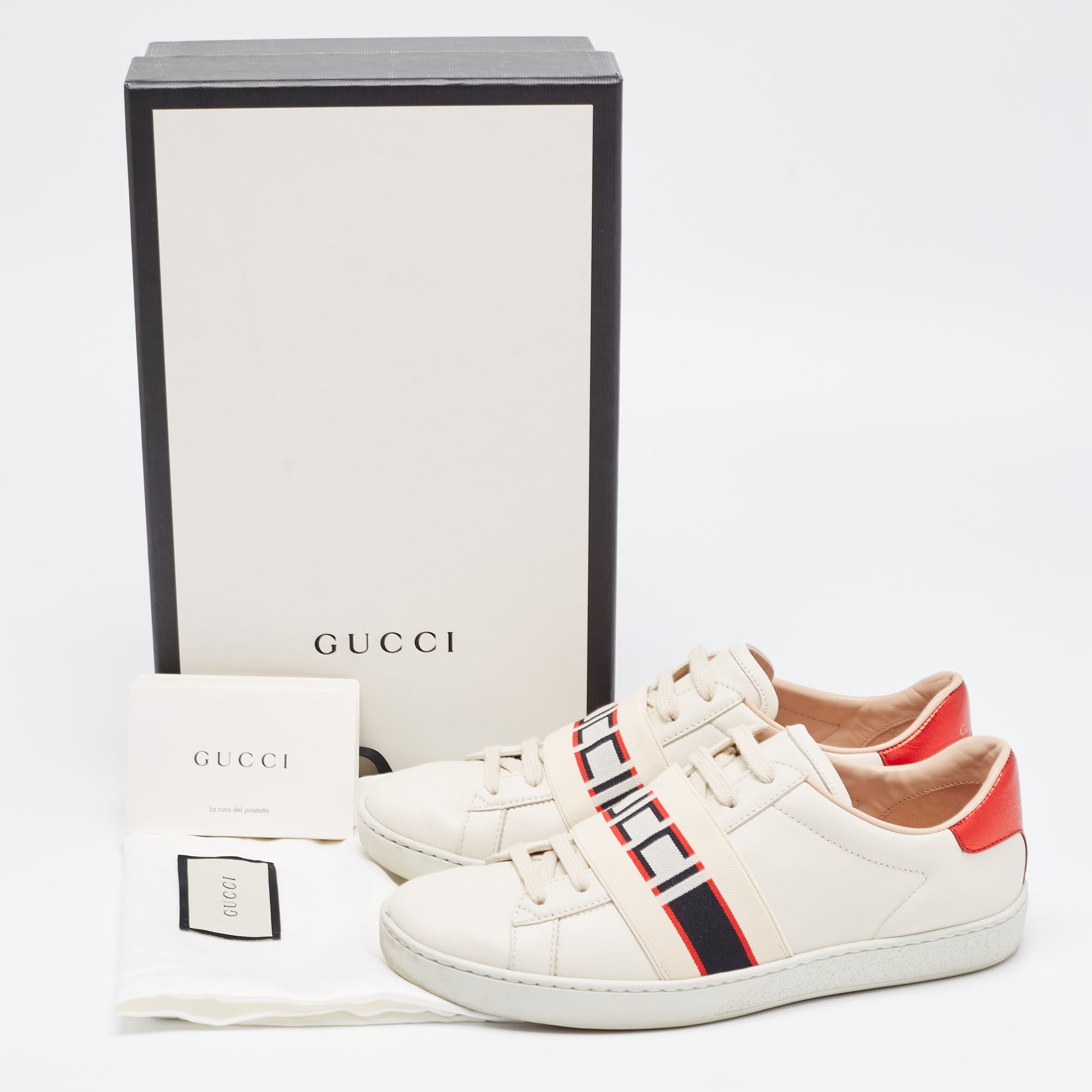 Gucci Cream/Red Leather Ace Gucci Band Low Top Sneakers Size 37