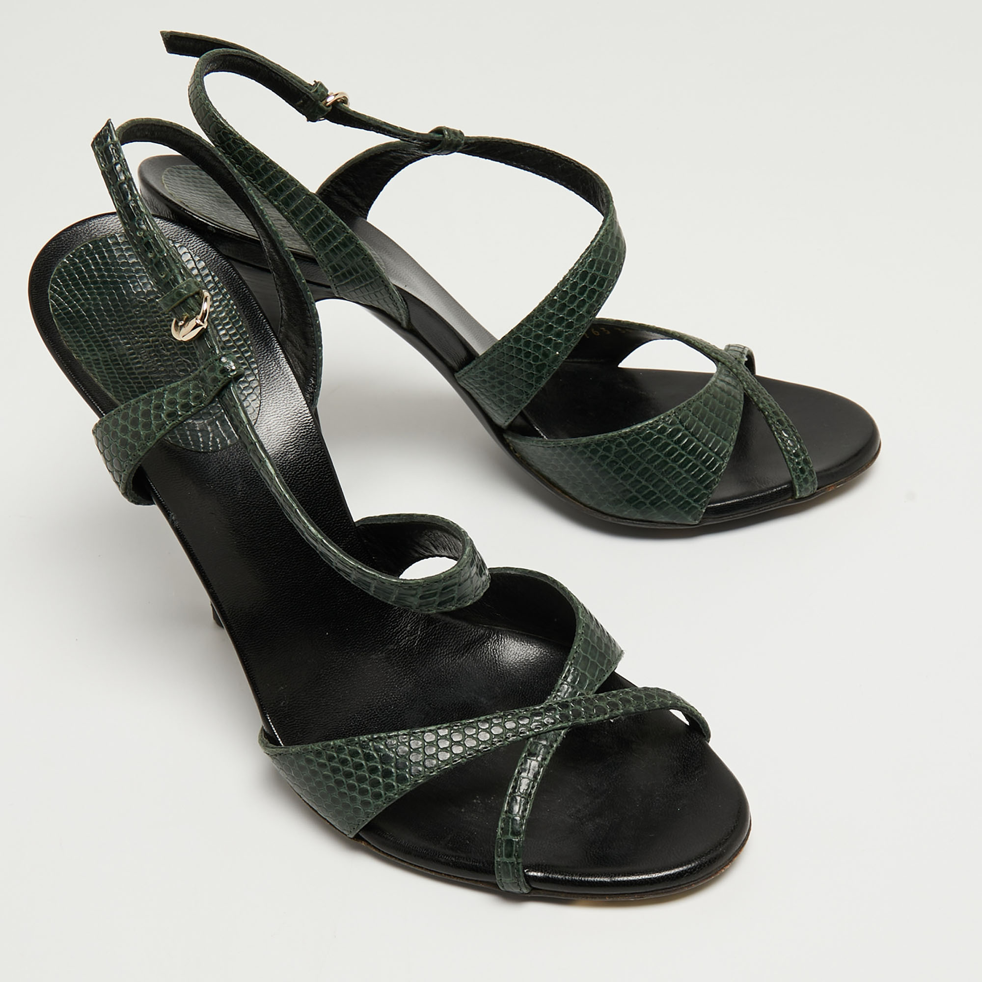 Gucci Green Lizard Strappy Slingback Sandals Size 38