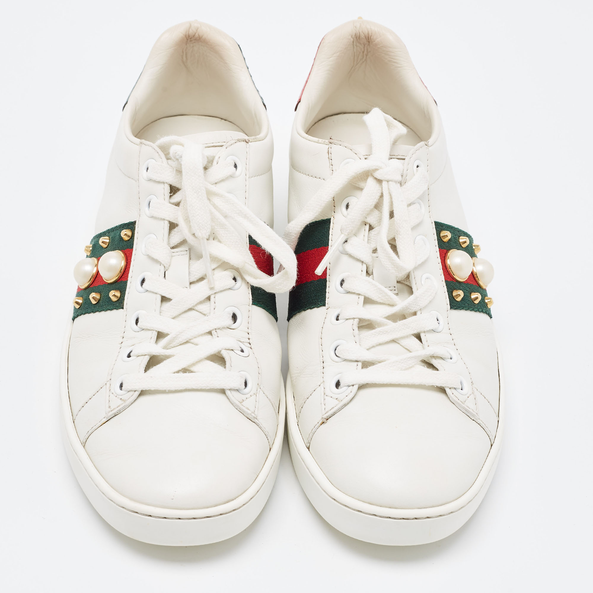 Gucci White Leather Faux Pearl And Spike Embellished Ace Sneakers Size 37.5