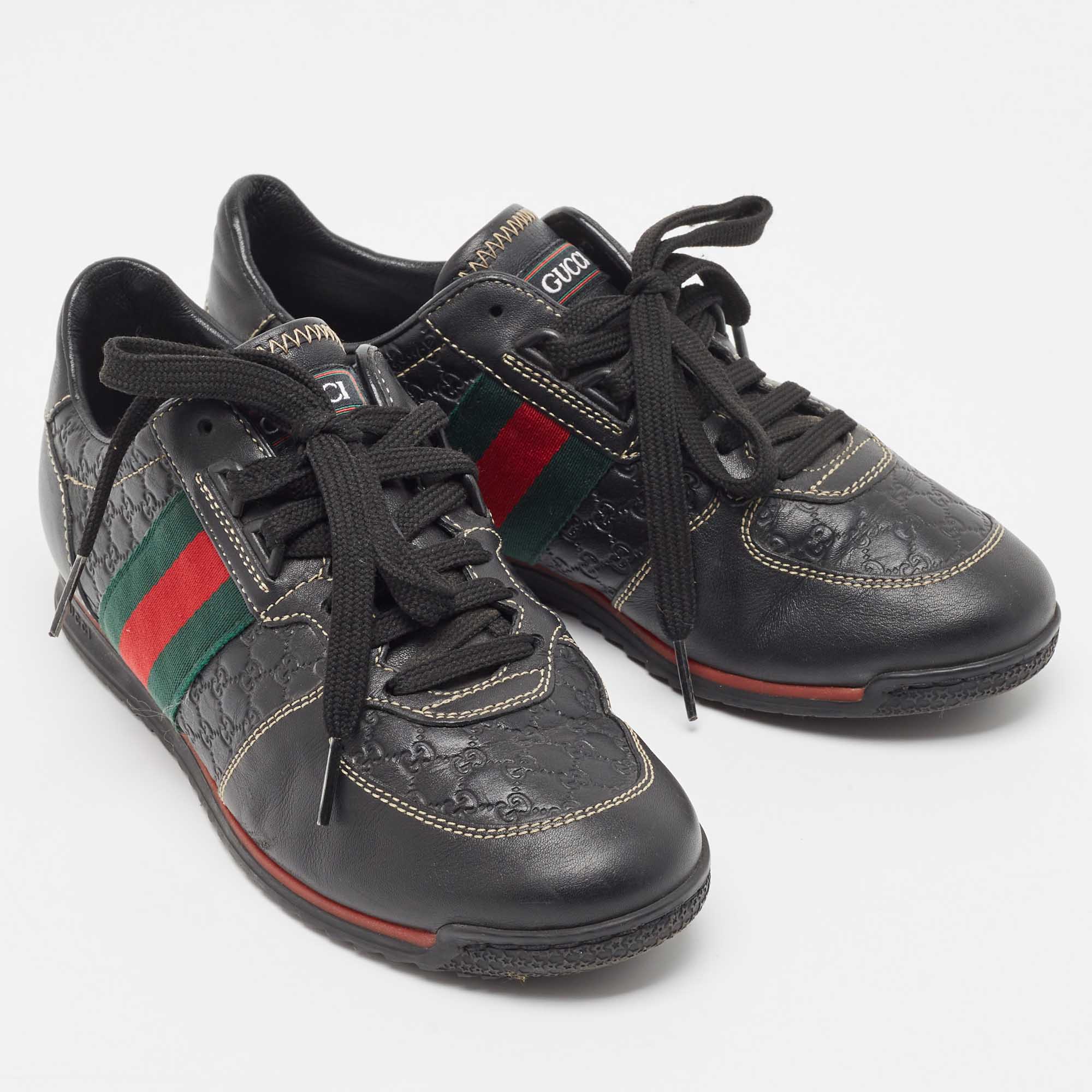 Gucci Black Guccissima Leather Web Low Top Sneakers Size 36.5