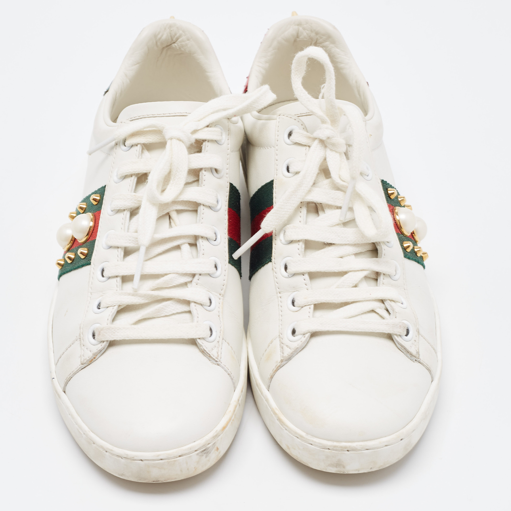 Gucci White Leather Studded And Spiked Ace Sneakers Size 36