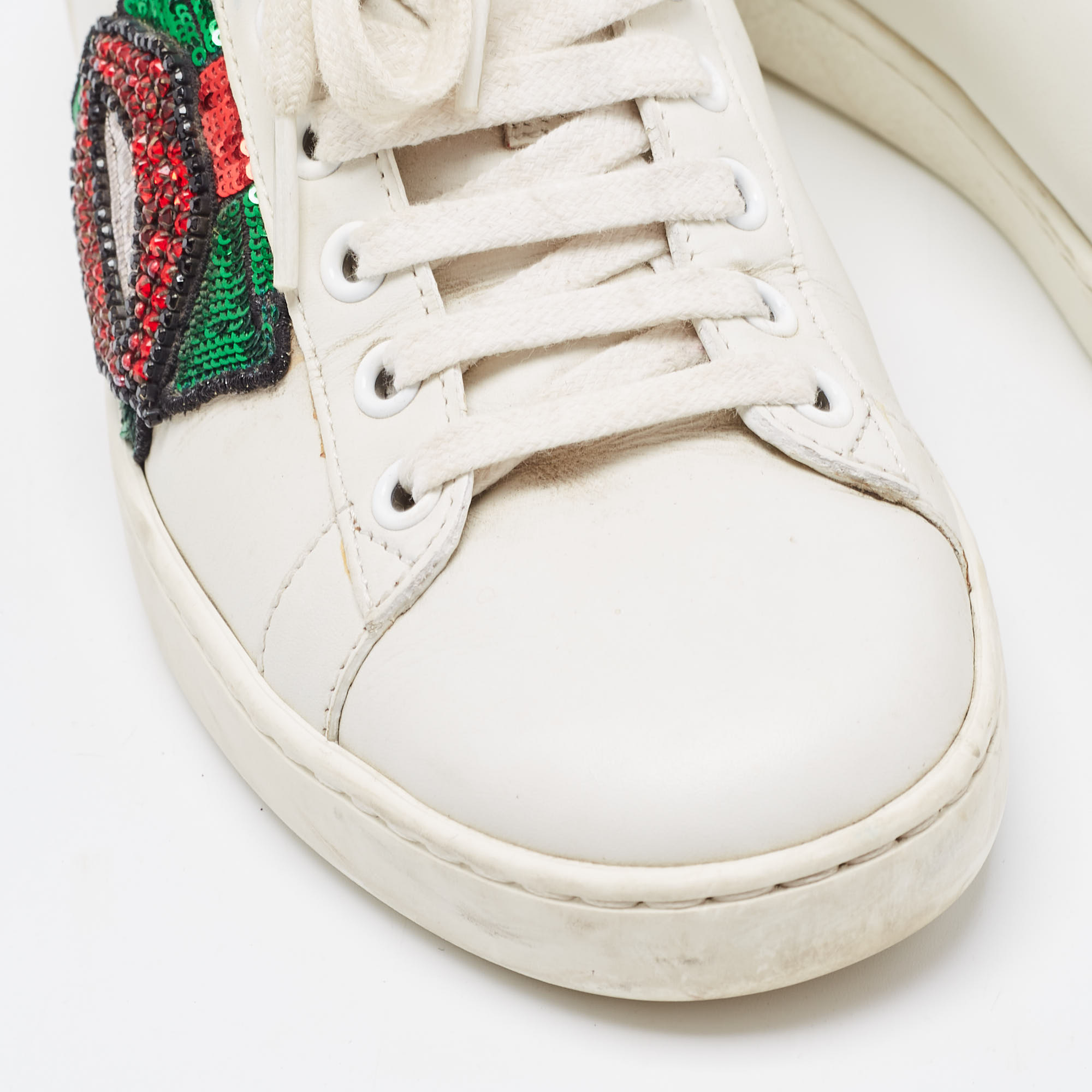 Gucci White Leather Embellished Lip Ace Sneakers Size 36