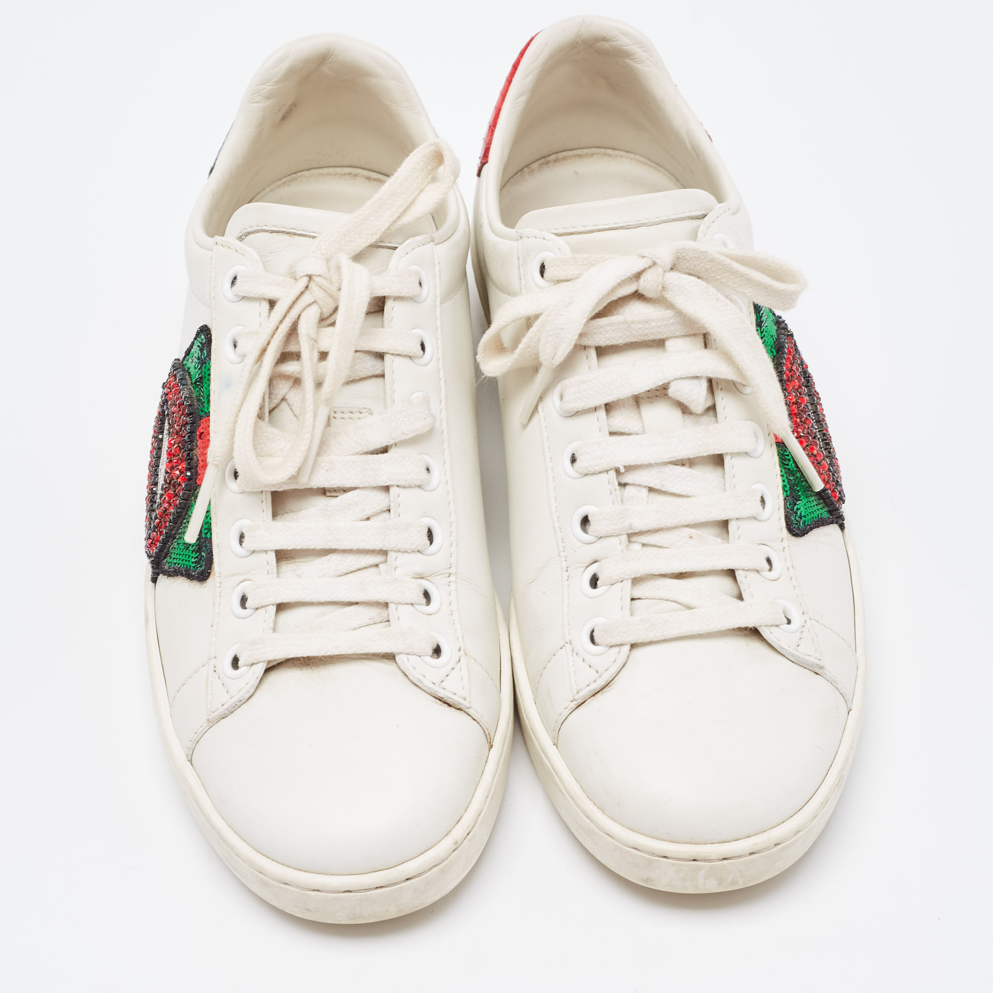 Gucci White Leather Embellished Lip Ace Sneakers Size 36