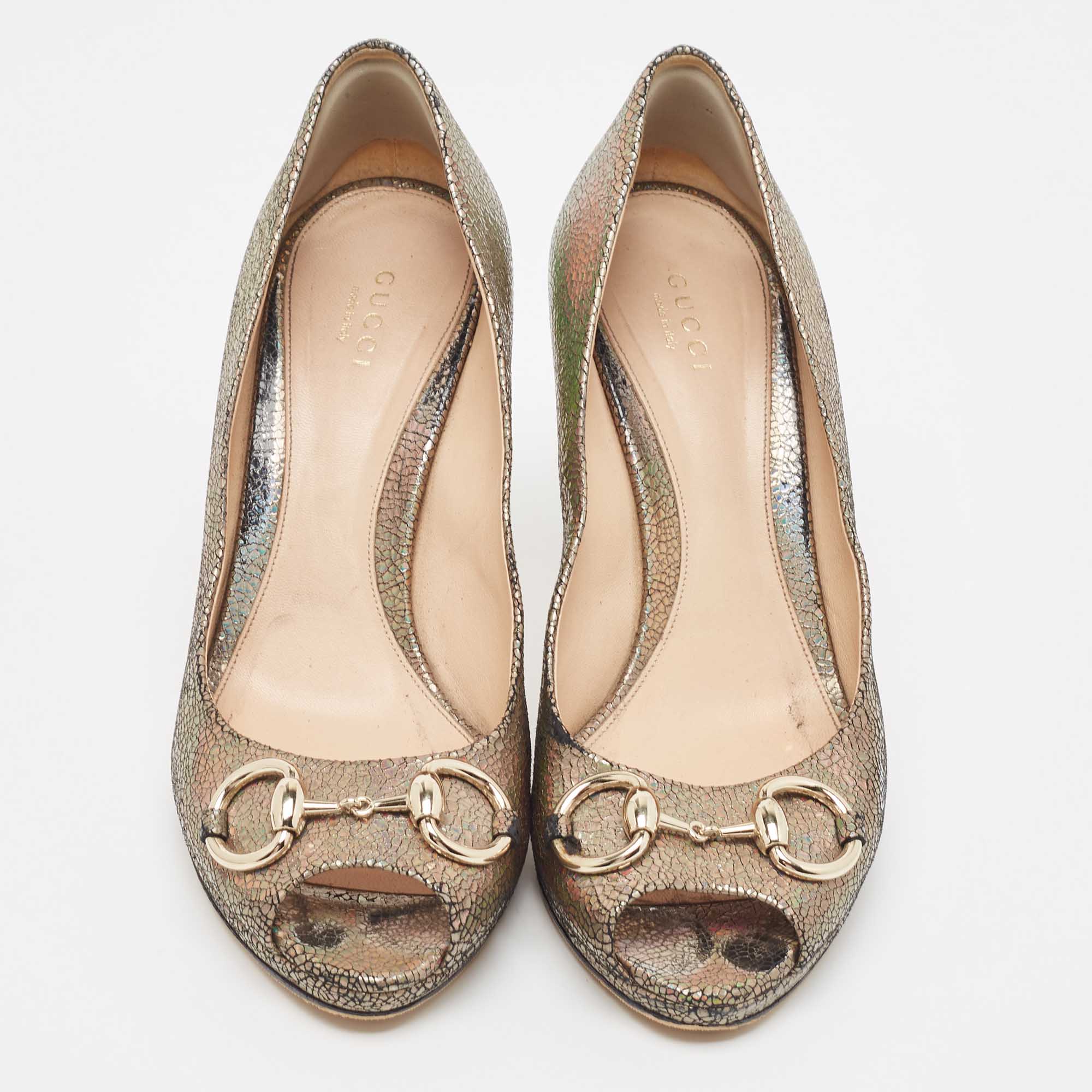 Gucci Metallic Laminated Suede New Hollywood Platform Pumps Size 38.5