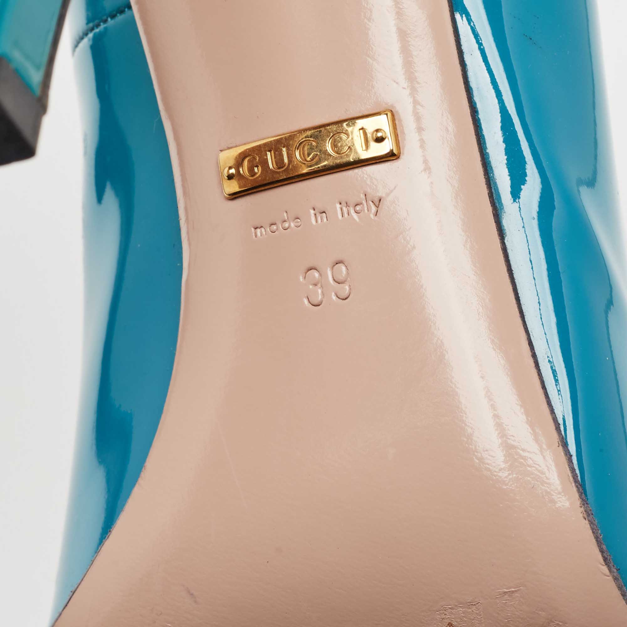 Gucci Teal Patent Leather Horsebit Peep Toe Pumps Size 39