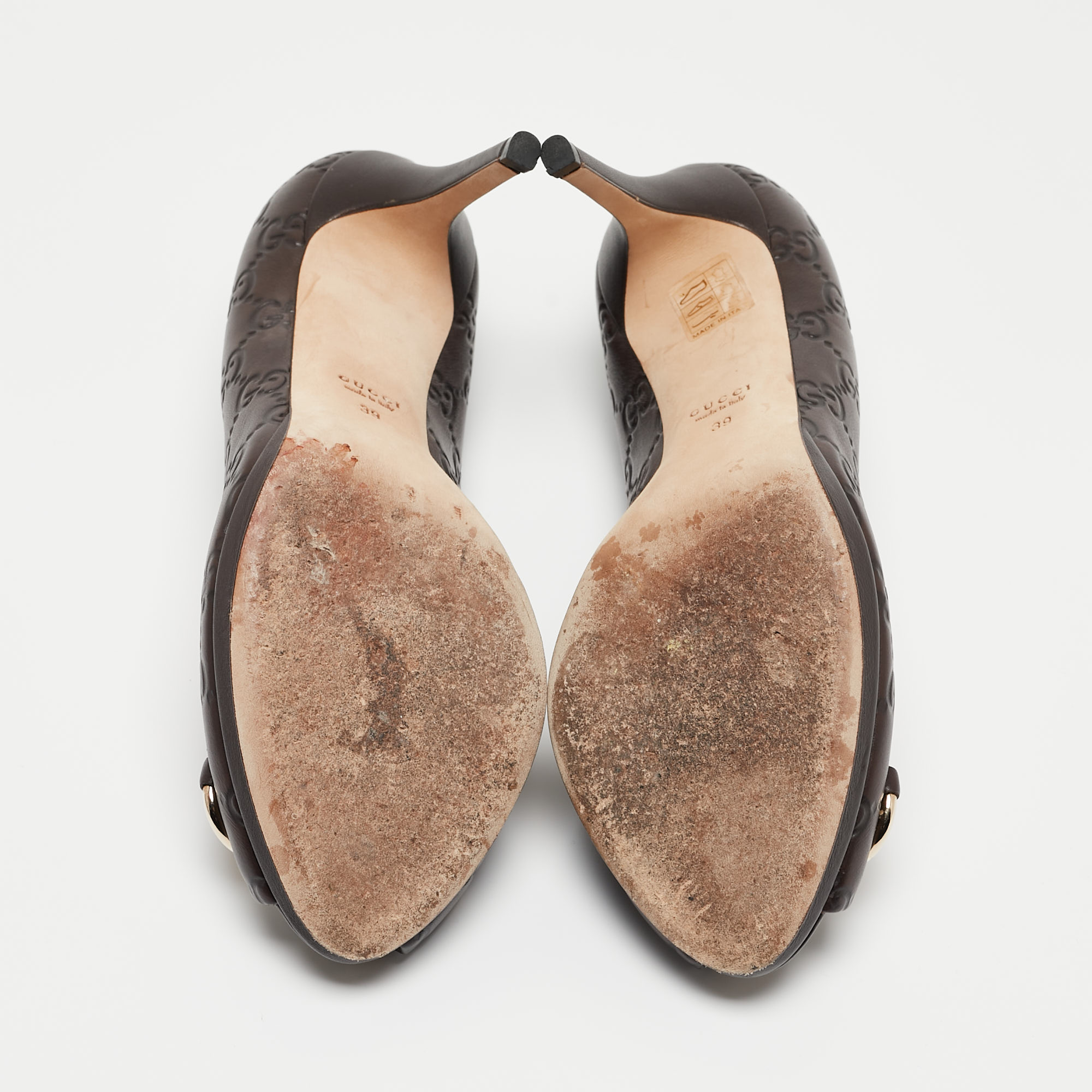 Gucci Dark Brown Guccissima Leather Horsebit Peep Toe Pumps Size 39