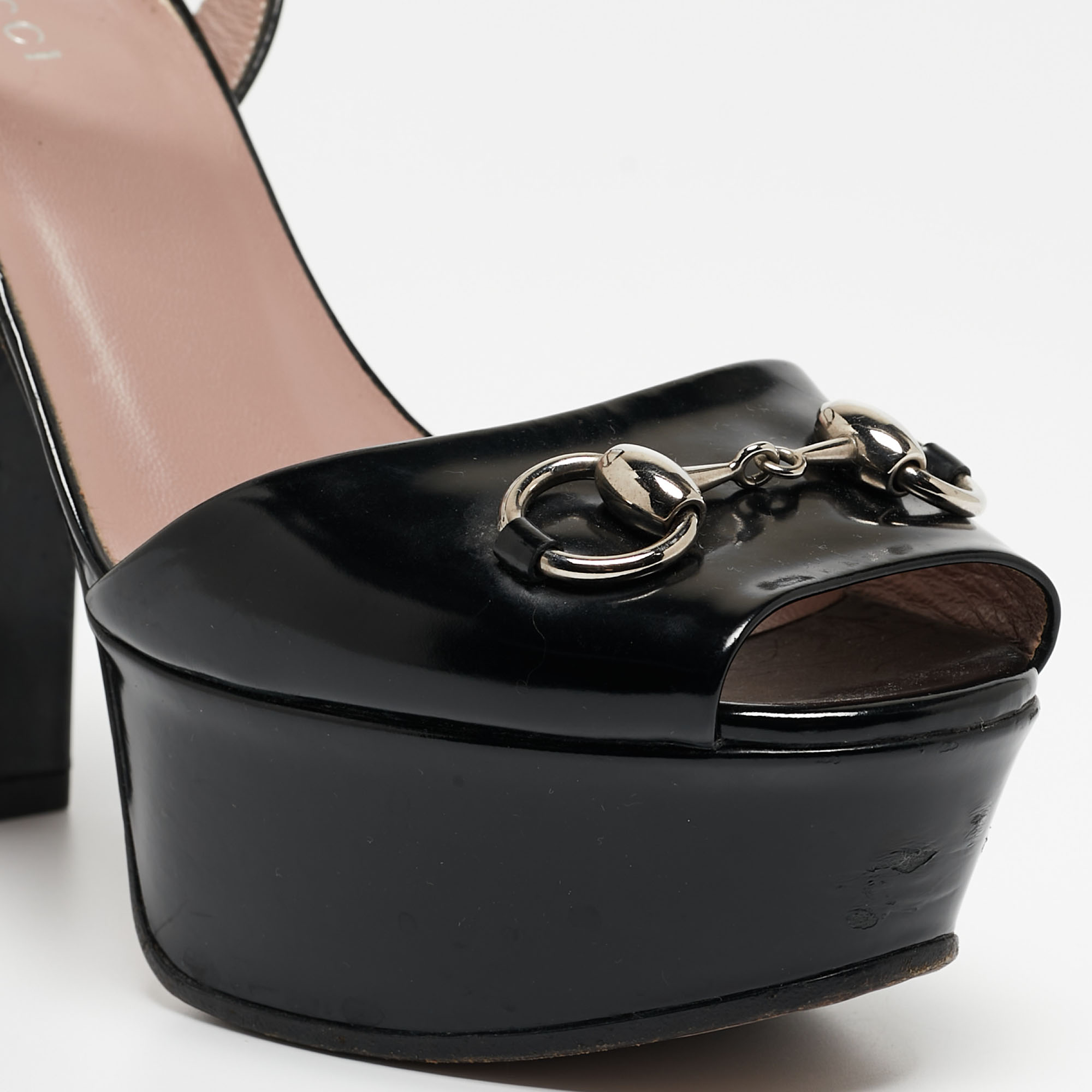 Gucci Black Patent Leather Claudie Platform Sandals Size 37