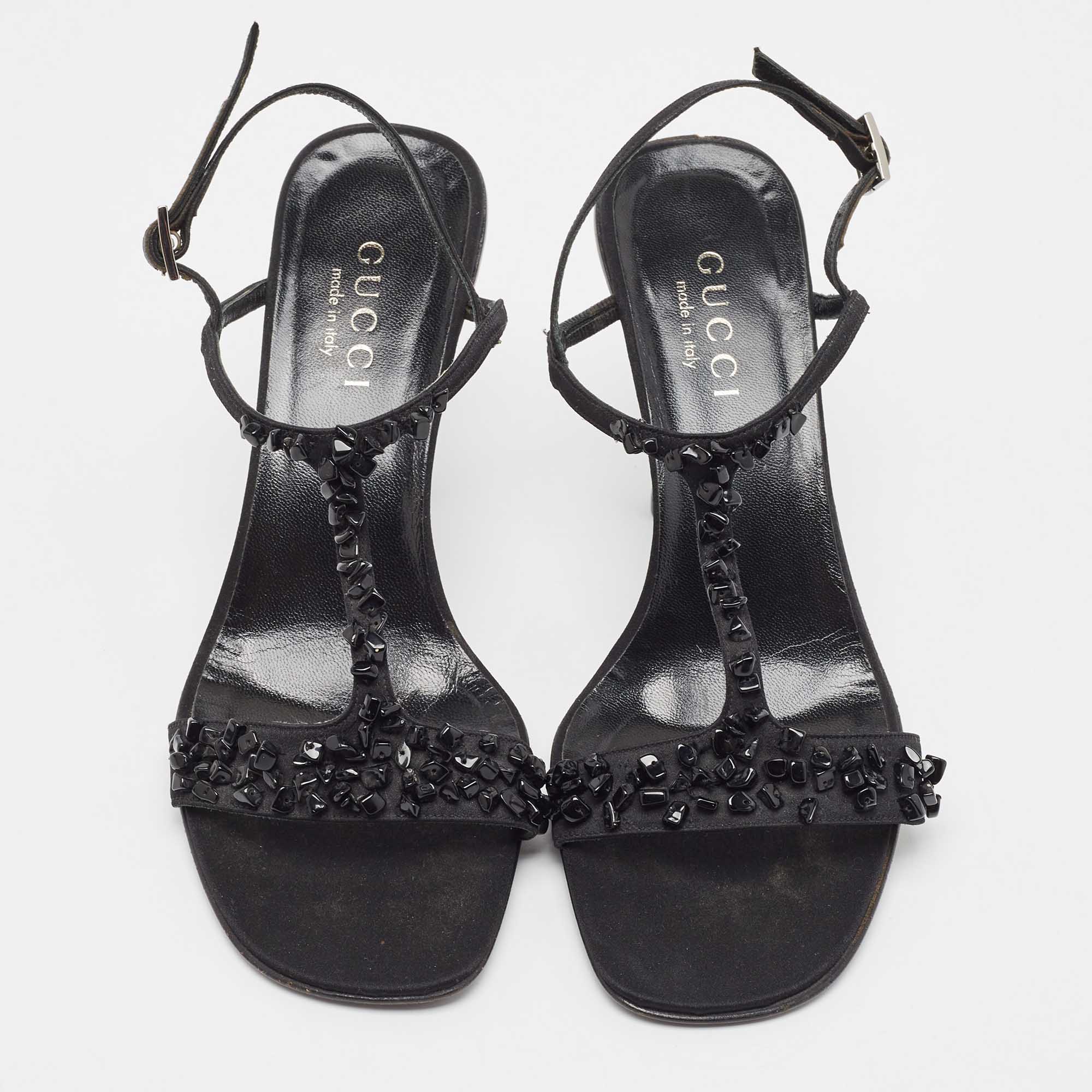 Gucci Black Satin Crystal Embellished Ankle Strap Sandals Size 37.5