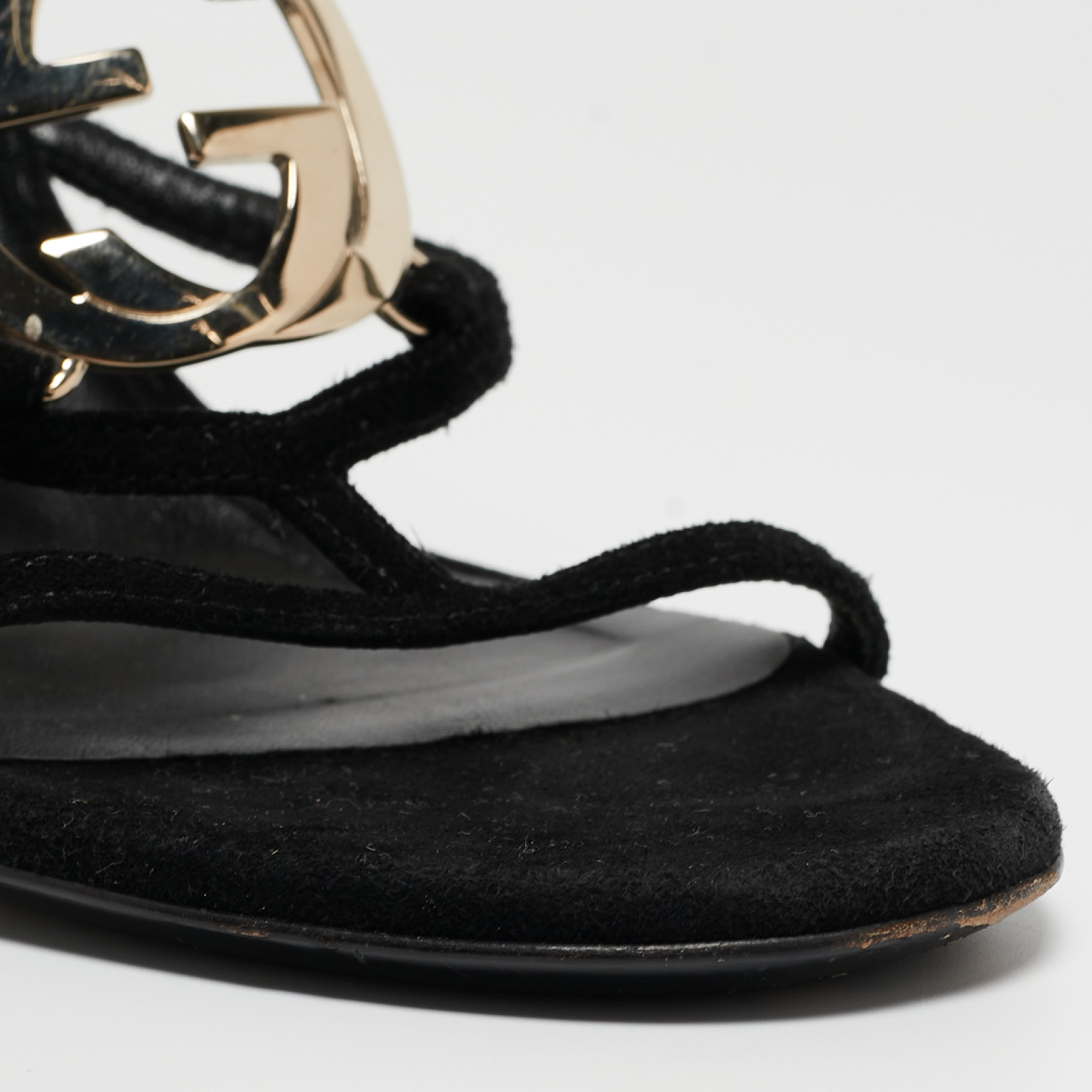 Gucci Black Suede Interlocking G Strappy Sandals Size 38
