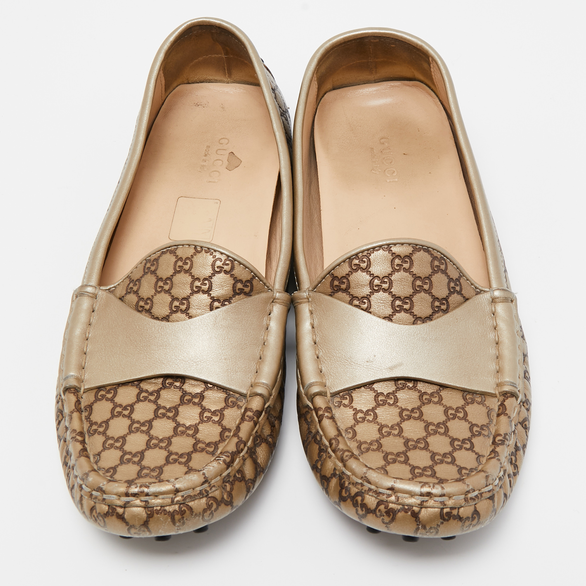 Gucci Metallic/Brown Leather Slip On Loafers Size 38