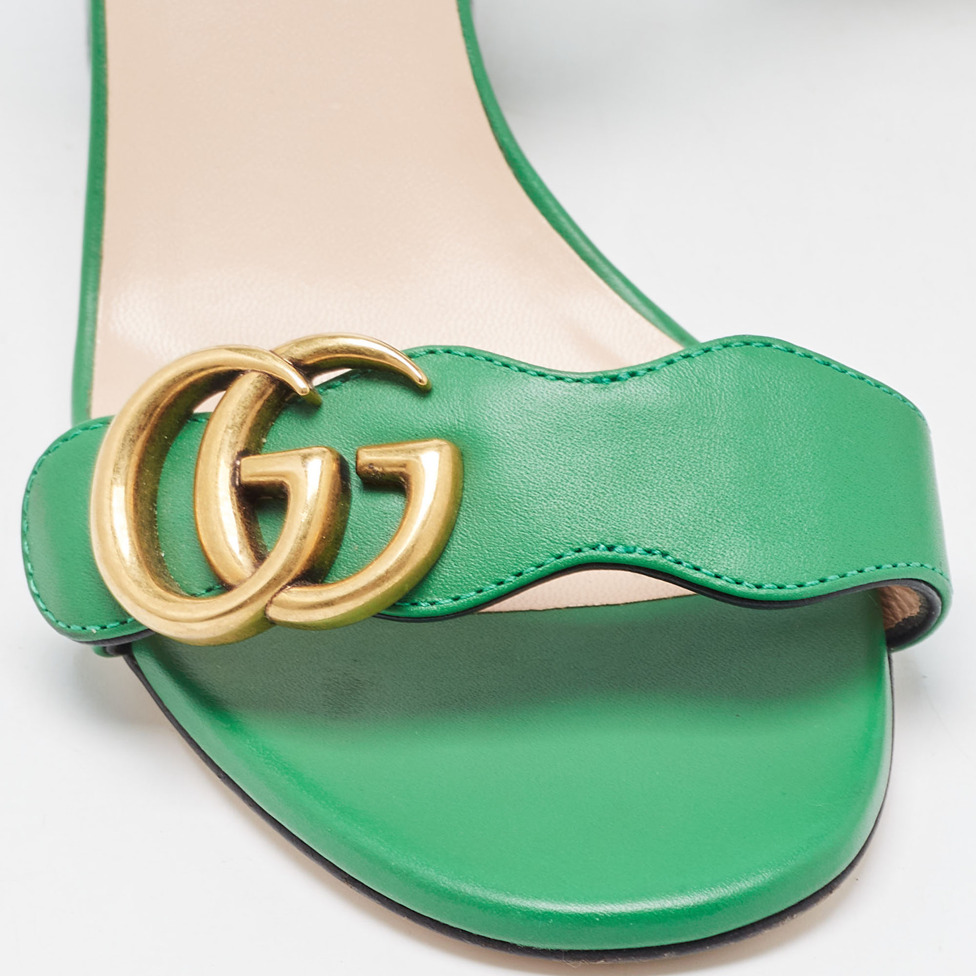 Gucci Green Leather GG Marmont Block Heel Ankle Strap Sandals Size 36