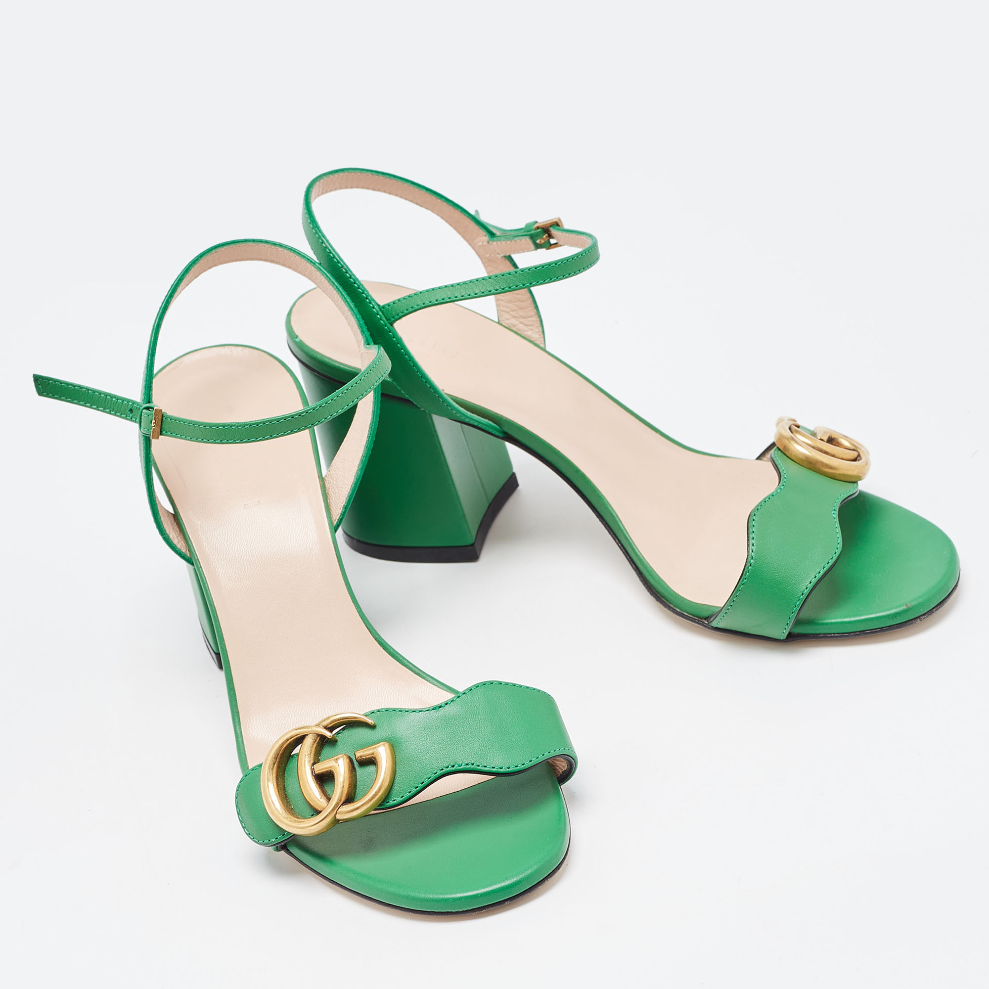 Gucci Green Leather GG Marmont Block Heel Ankle Strap Sandals Size 36