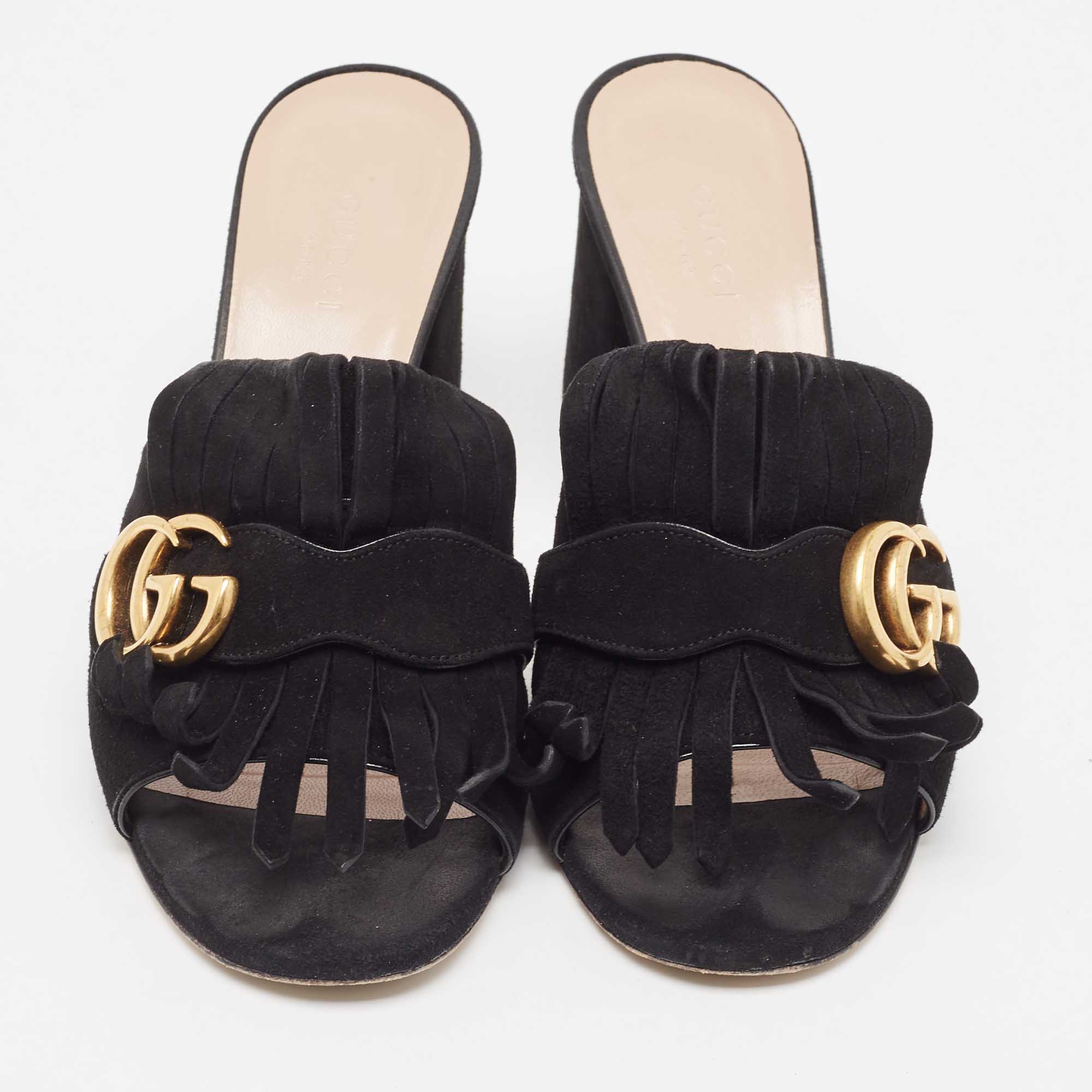 Gucci Black Suede GG Marmont Fringe Mules Size 37