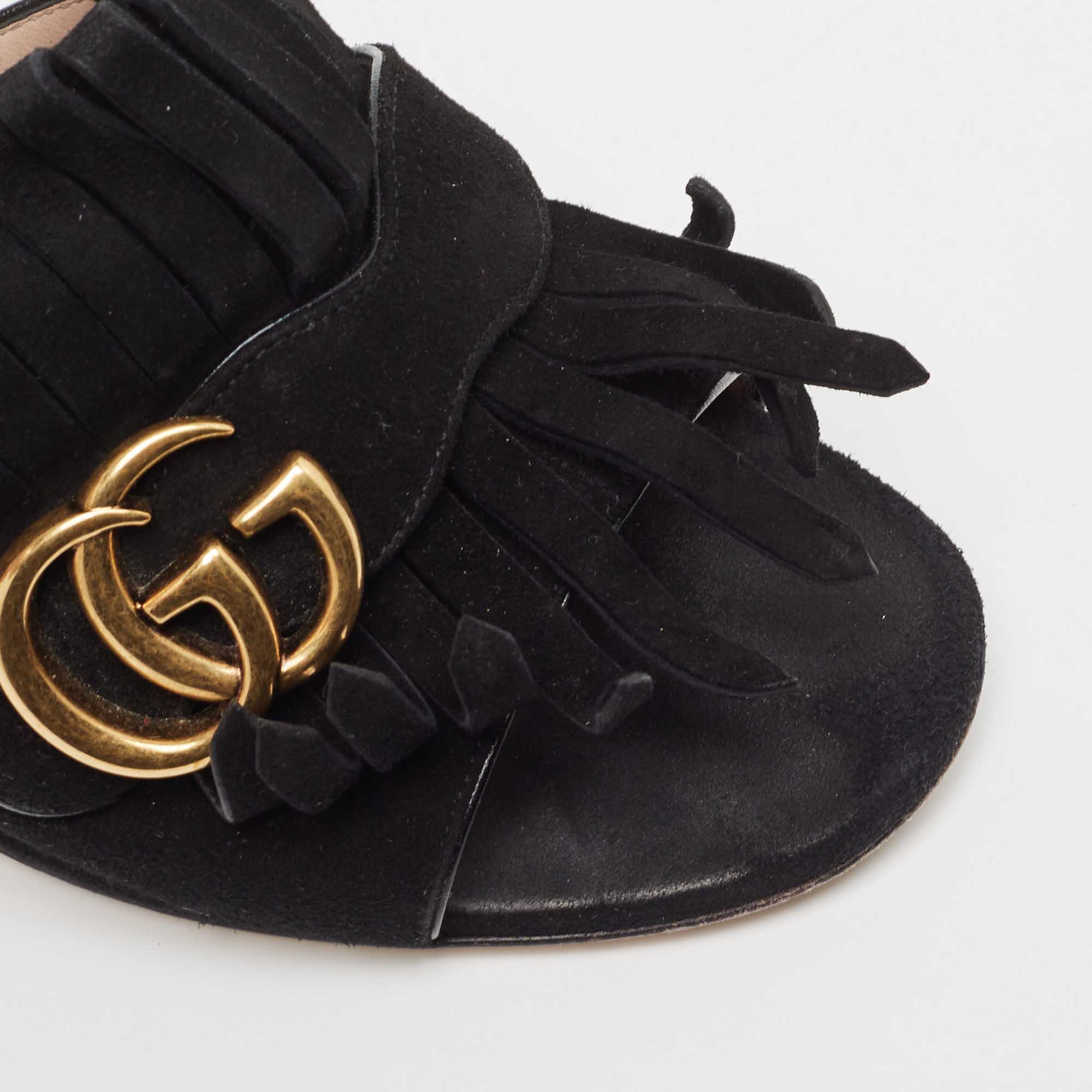 Gucci Black Suede GG Marmont Fringe Mules Size 37