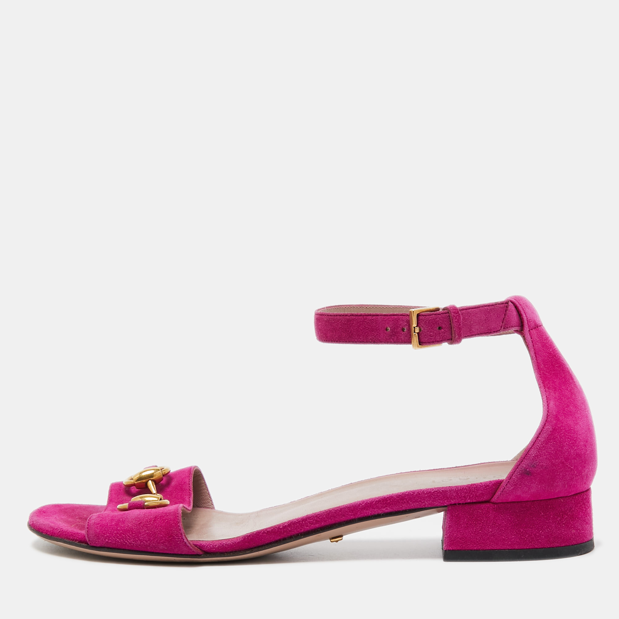 Gucci Pink Suede Horsebit Ankle Strap Flat Sandals Size 38