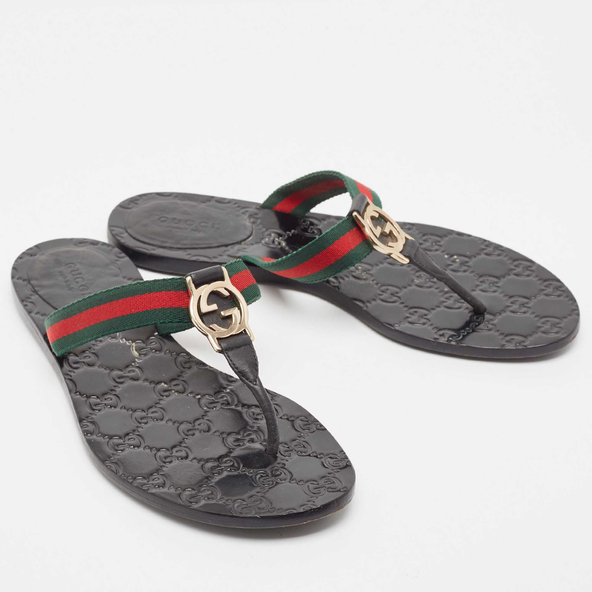 Gucci Black/Green Leather GG Web Thong Flats Size 37.5