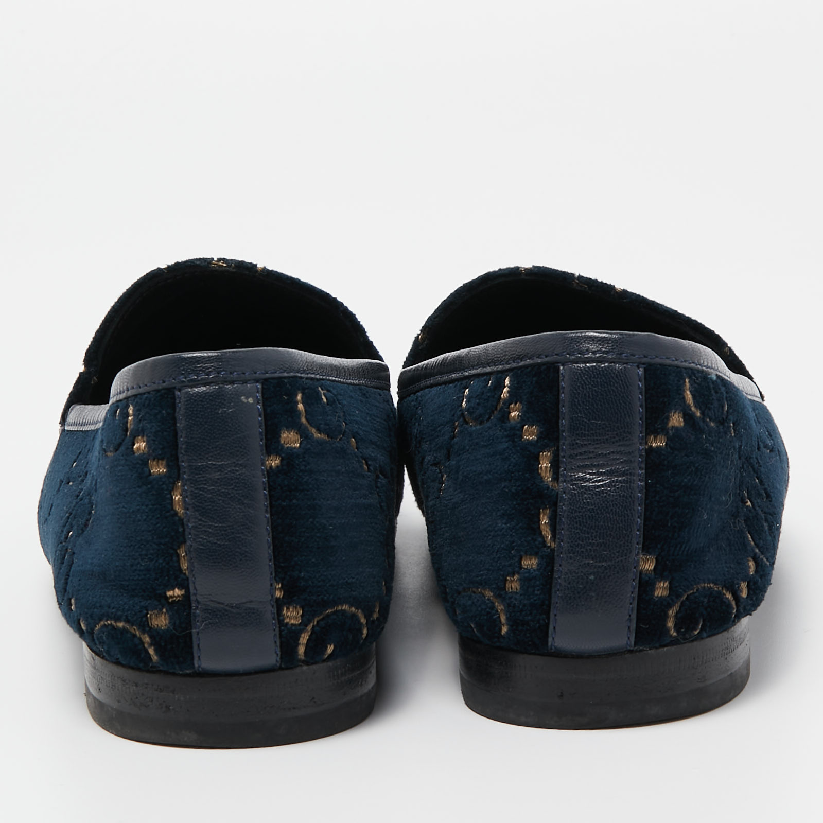Gucci Blue GG Velvet And Leather Horsebit Slip On Loafers Size 38