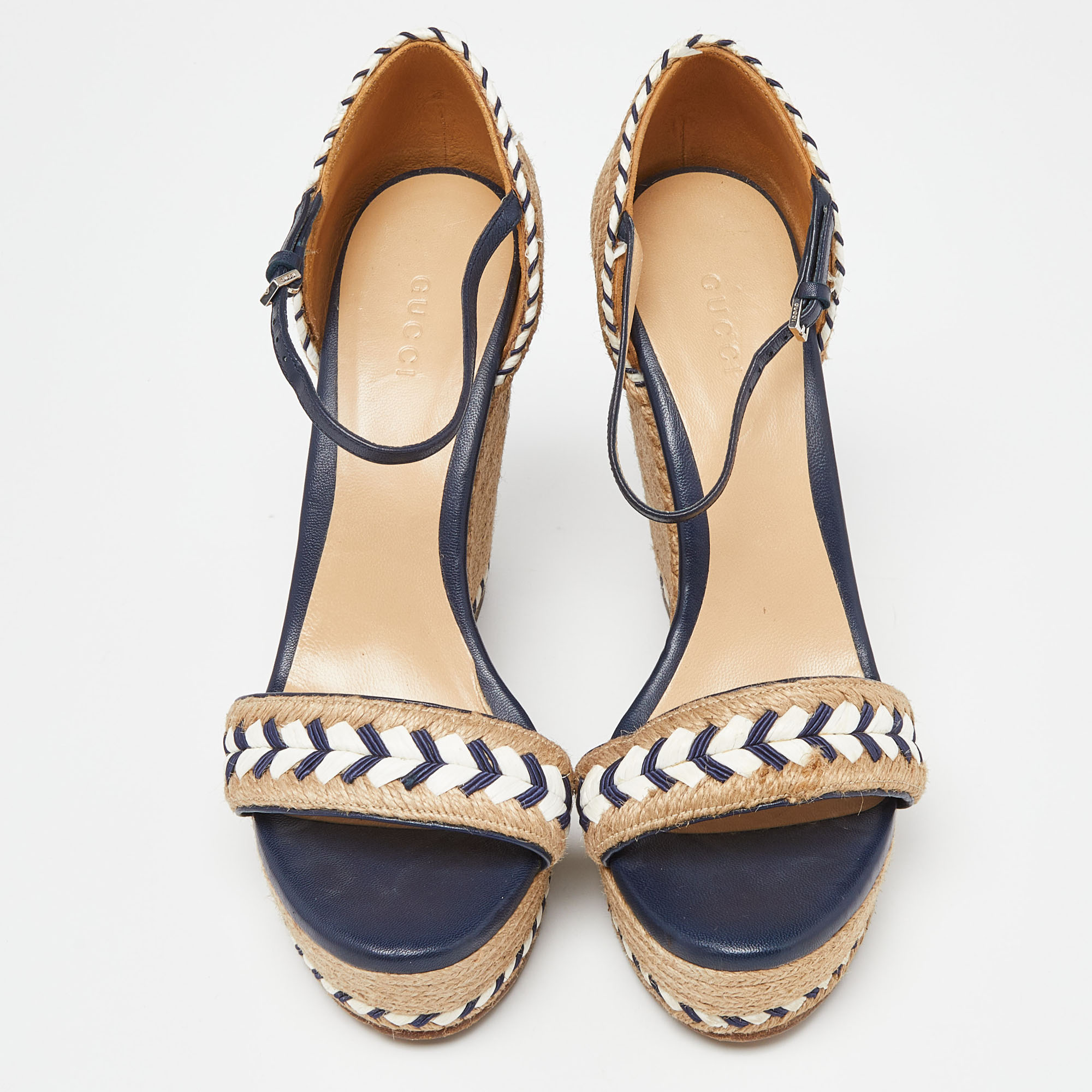 Gucci Beige/Blue Jute And Leather Crystal Embellished Espadrille Wedge Sandals Size 39.5
