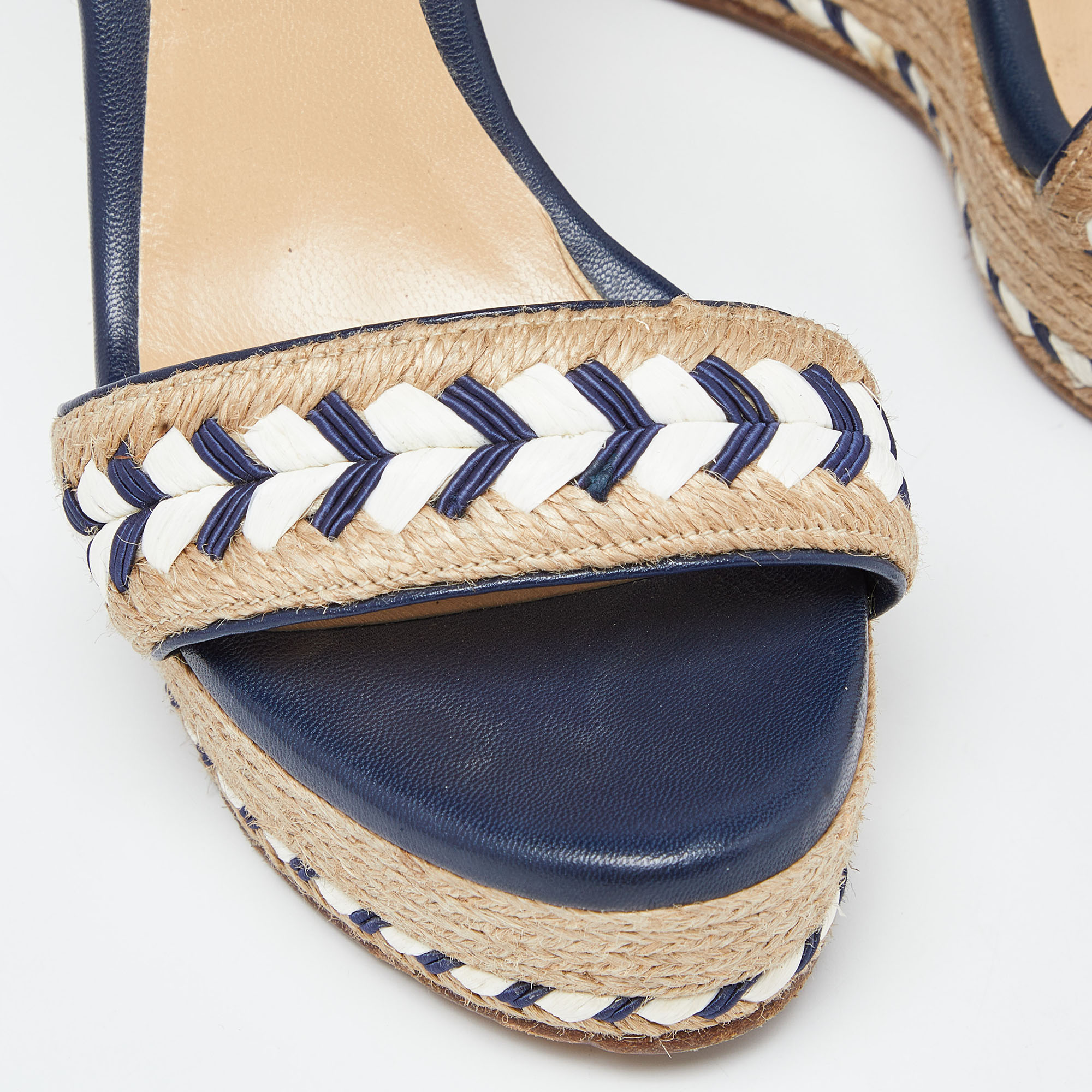 Gucci Beige/Blue Jute And Leather Crystal Embellished Espadrille Wedge Sandals Size 39.5