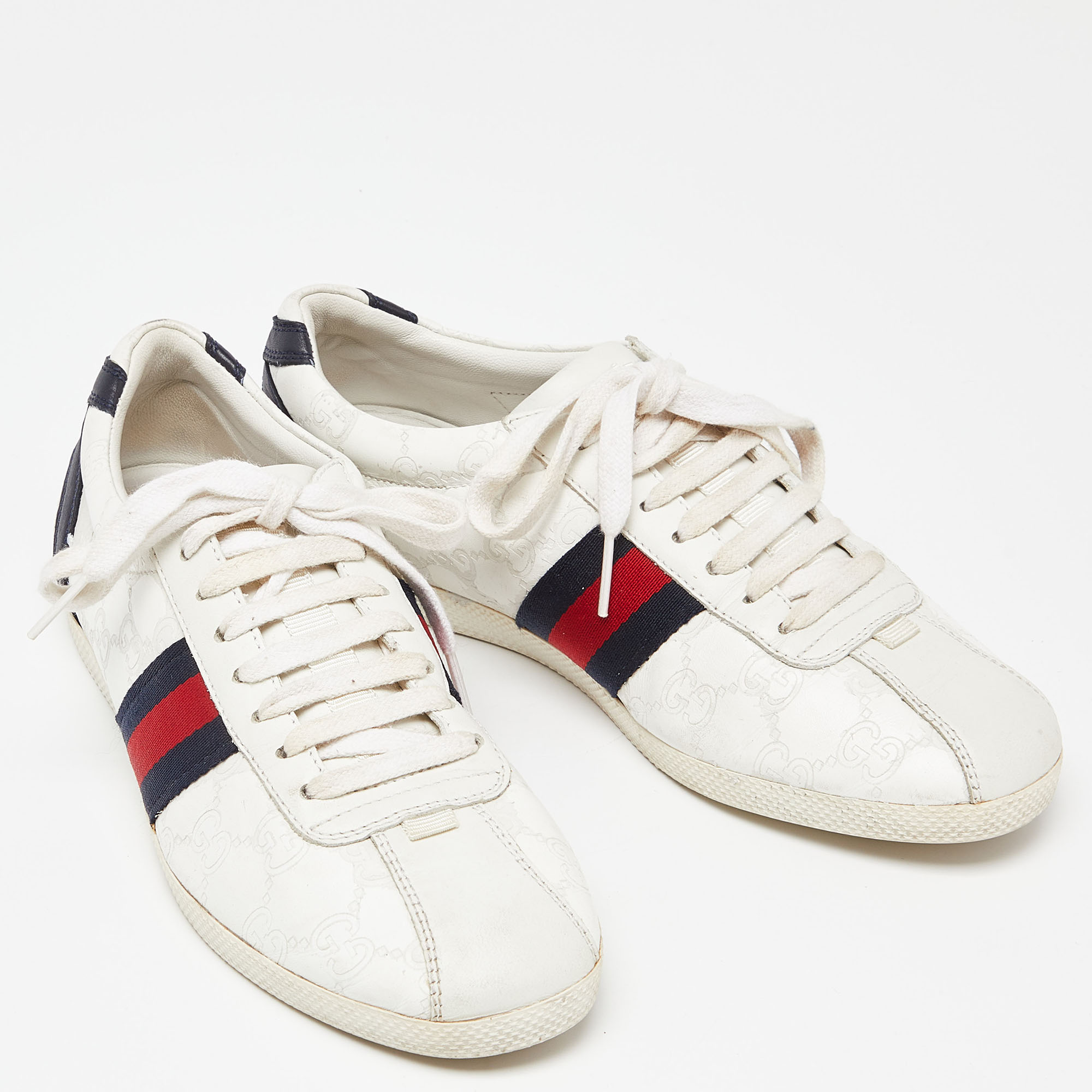 Gucci White Guccissima Leather Web Low Top Sneakers Size 37