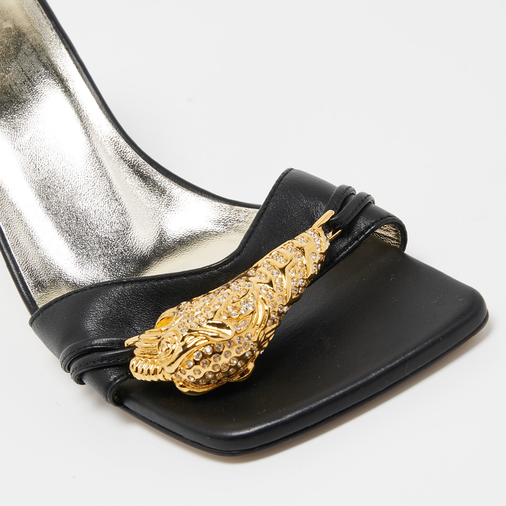 Gucci Black Leather Embellished Rajah Open Toe Slide Sandals Size 35