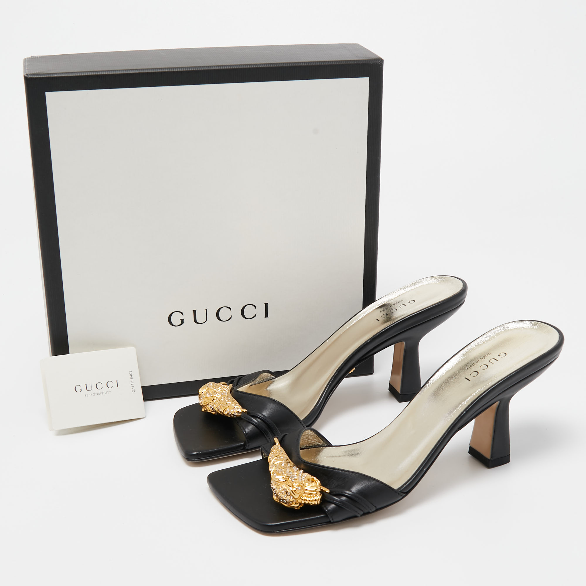 Gucci Black Leather Embellished Rajah Open Toe Slide Sandals Size 35