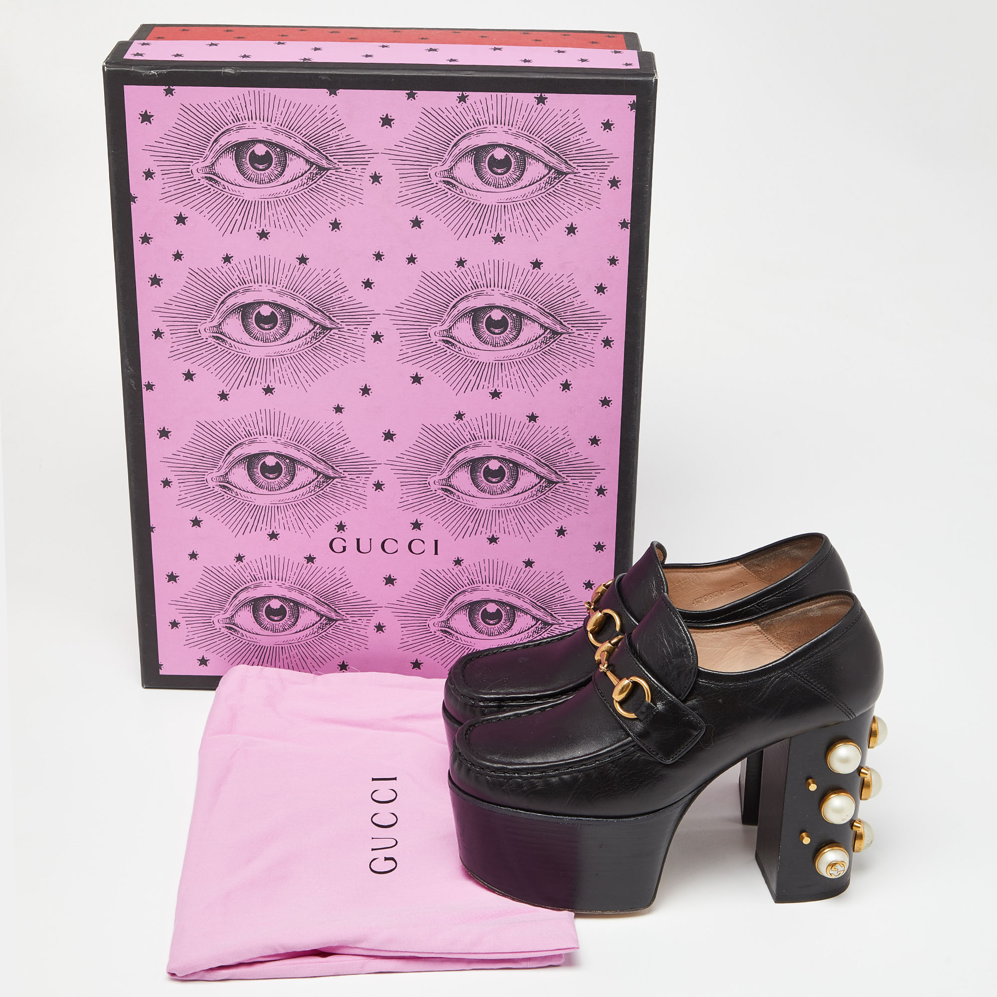 Gucci Black Leather Pearl Studded Vegas Platform Loafers Size 37.5