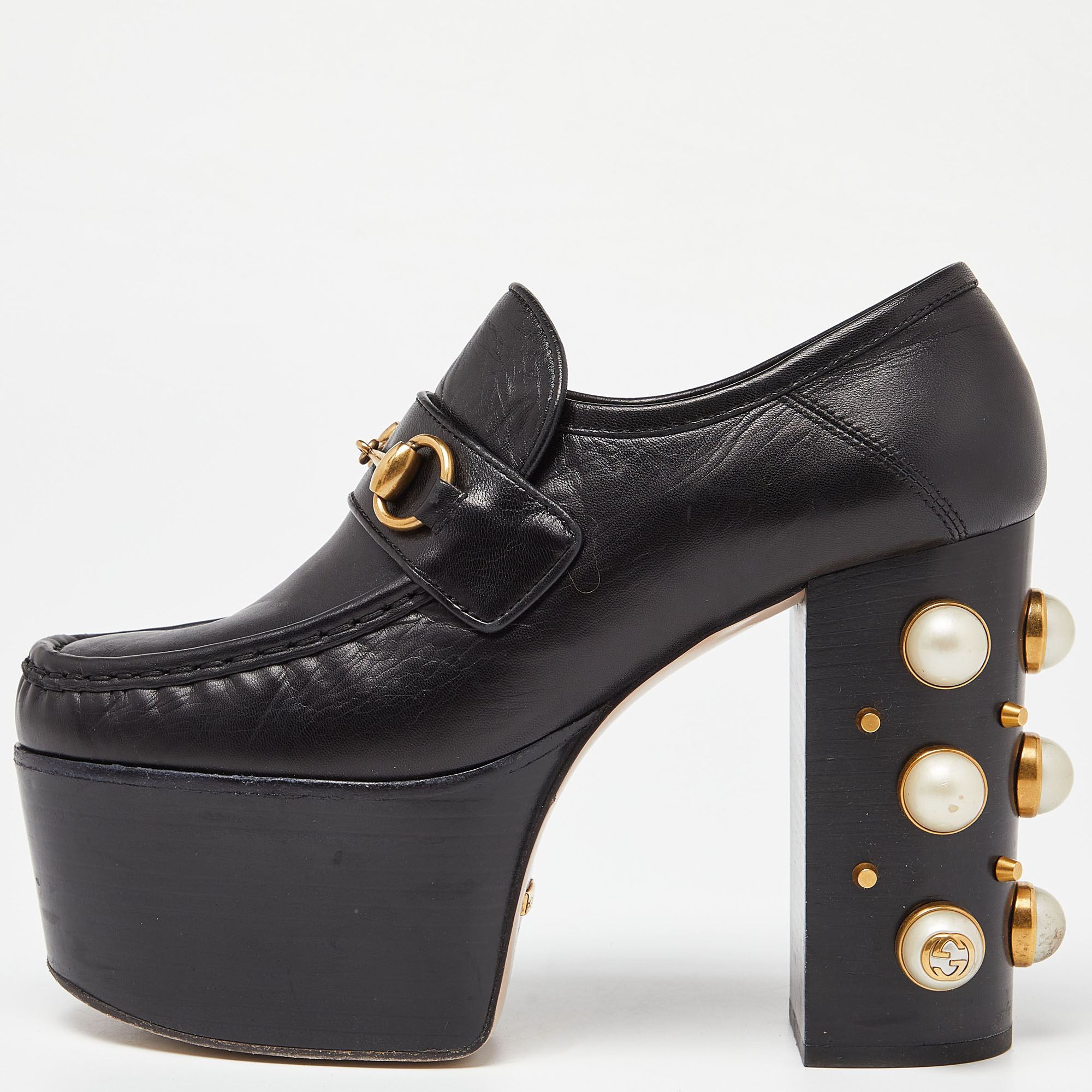 Gucci black leather pearl studded vegas platform loafers size 37.5