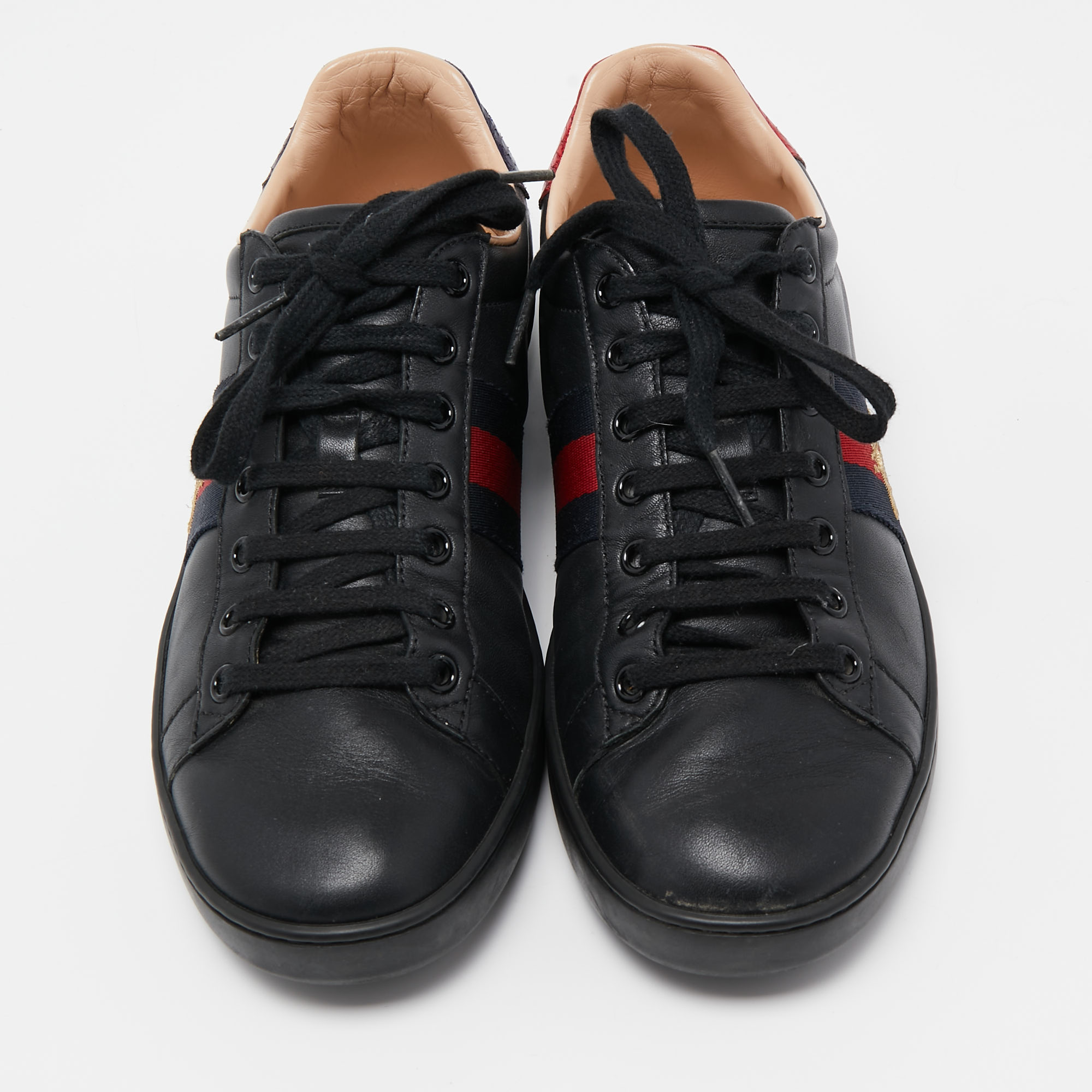 Gucci Black Leather Ace Web Low Top Sneakers Size 38.5