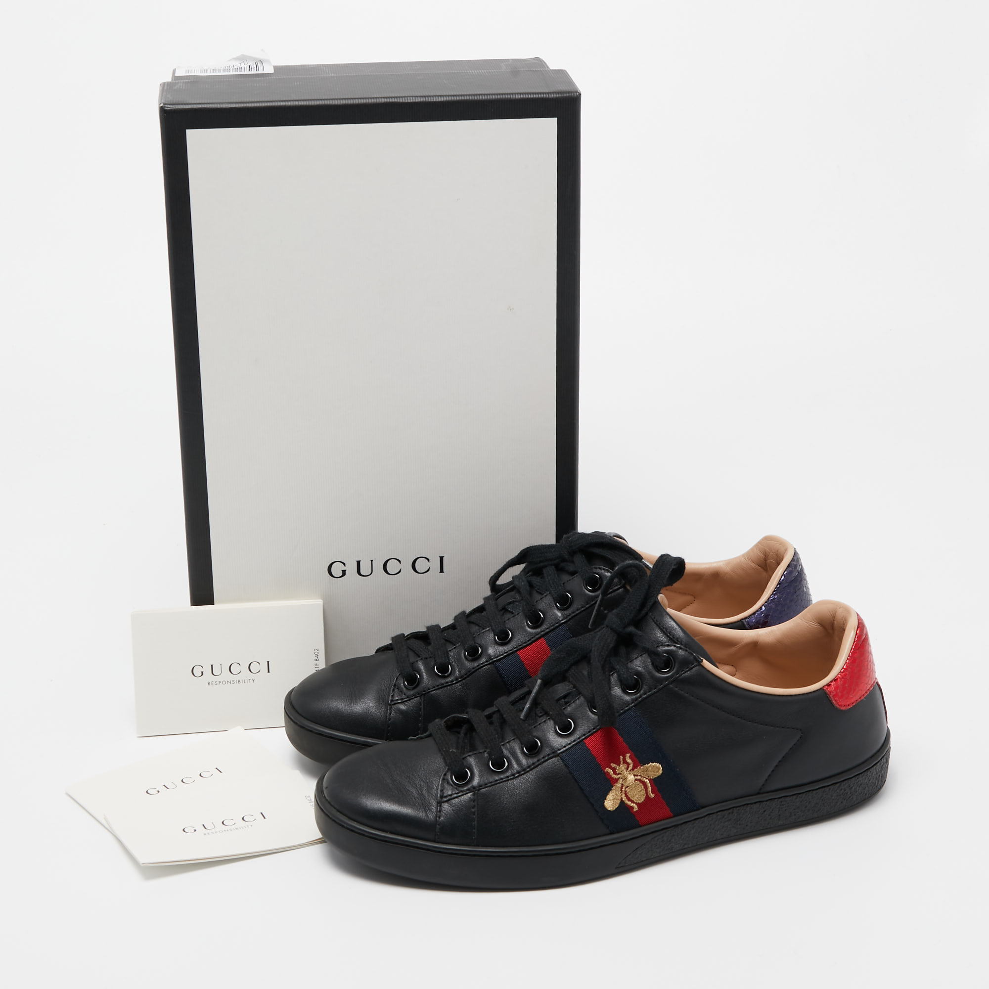 Gucci Black Leather Ace Web Low Top Sneakers Size 38.5