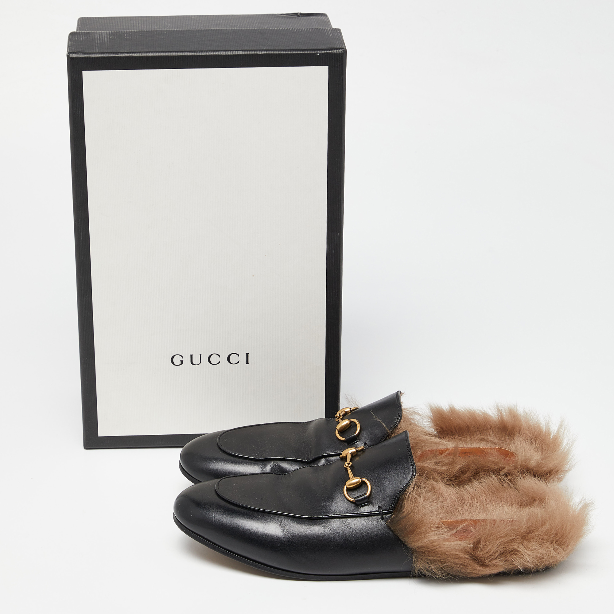 Gucci Black Leather And Fur Princetown Flat Mules Size 41