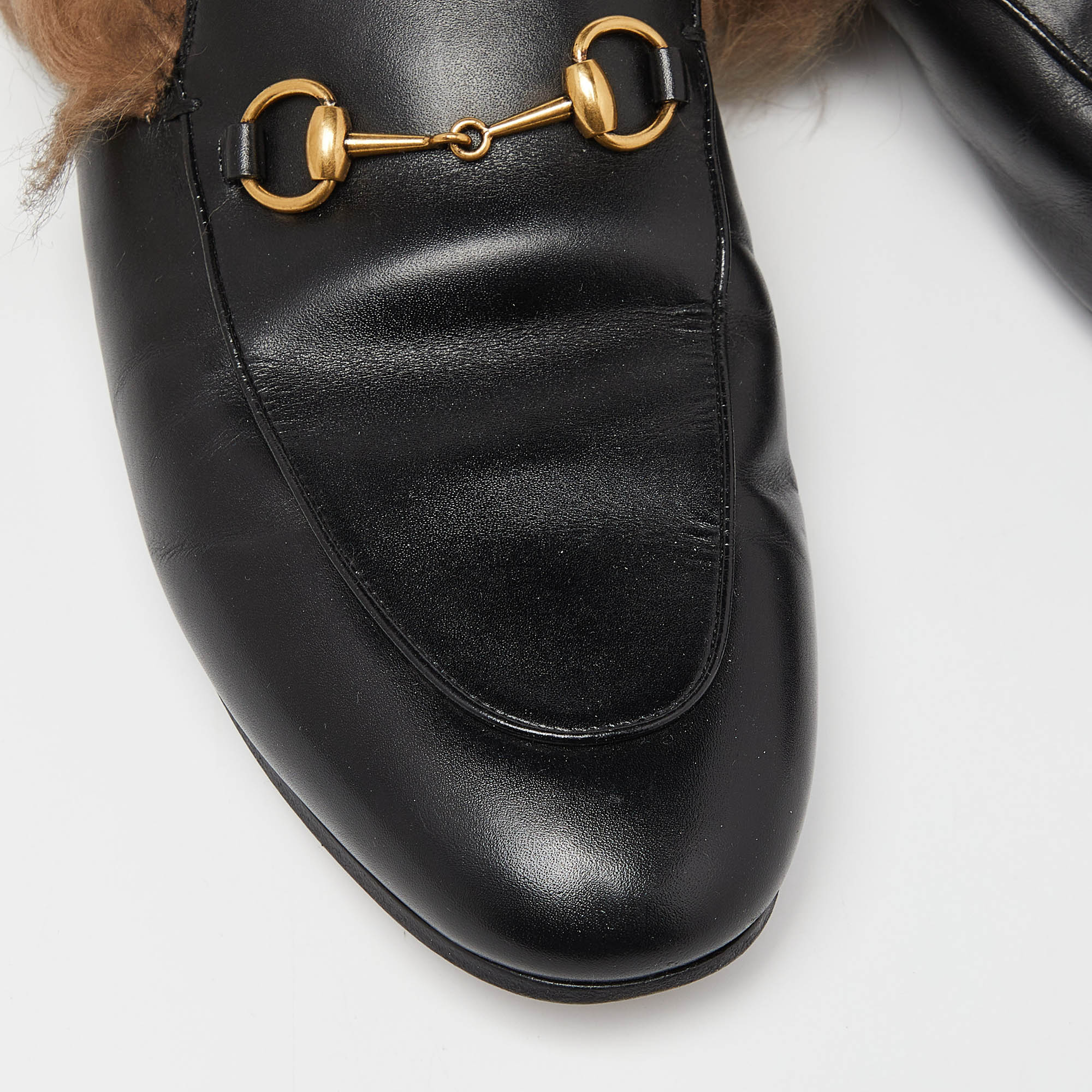 Gucci Black Leather And Fur Princetown Flat Mules Size 41