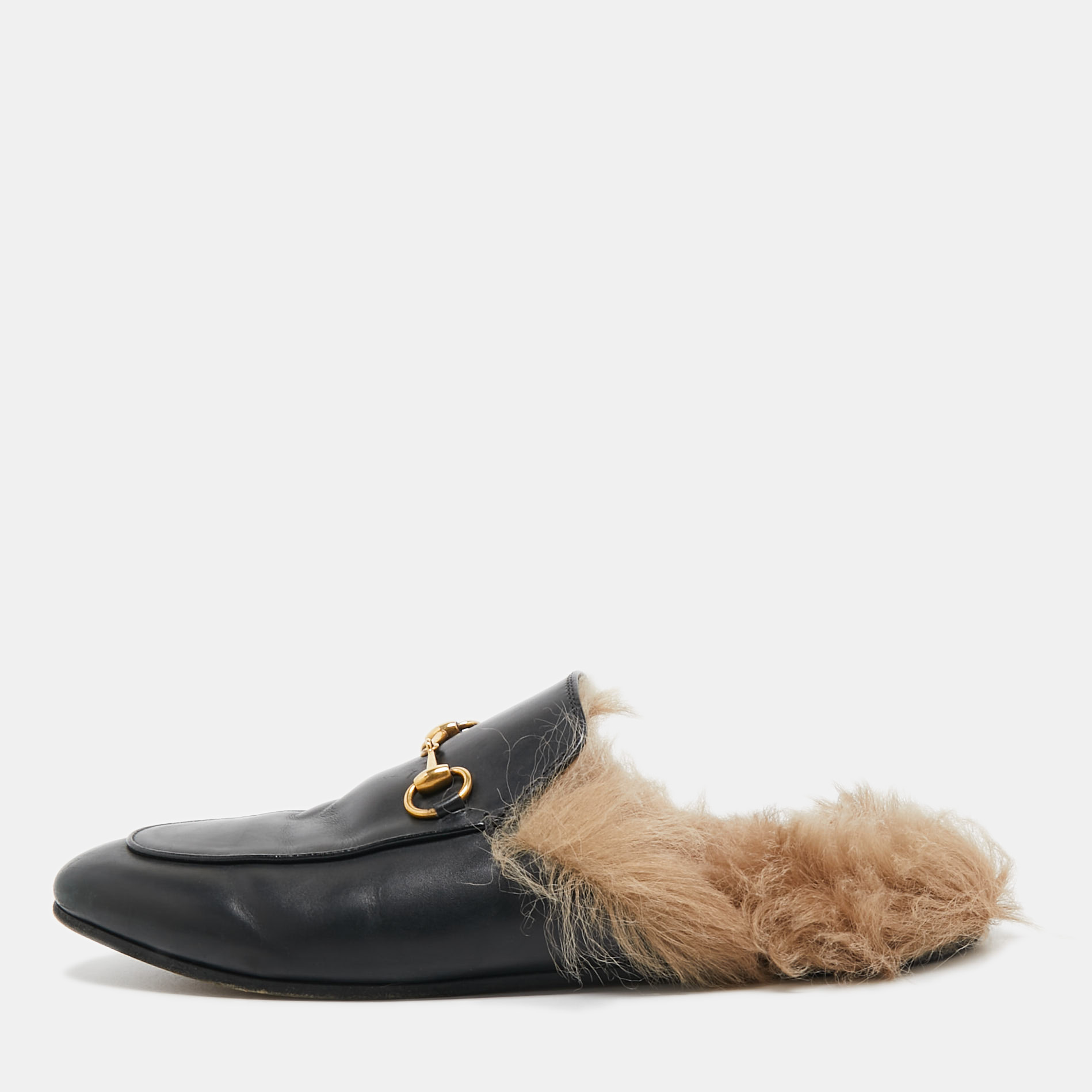 Gucci Black Leather And Fur Princetown Mules Size 39