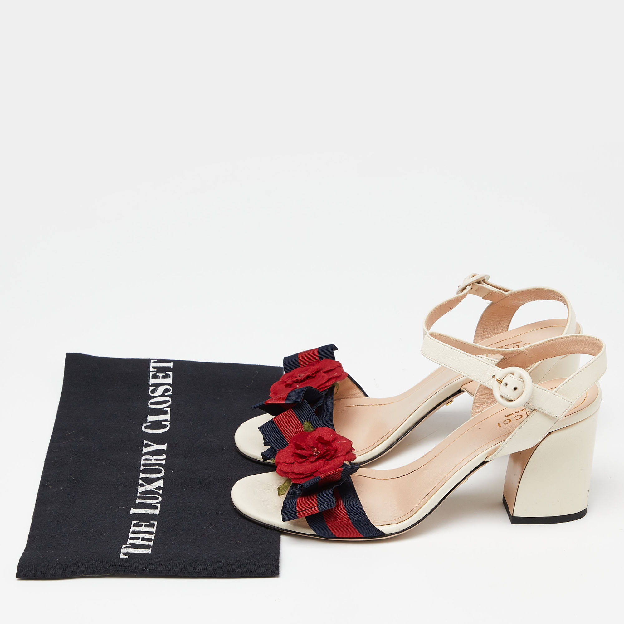 Gucci Cream Leather And Canvas Bow Flower Ankle Strap Sandals Size 37.5