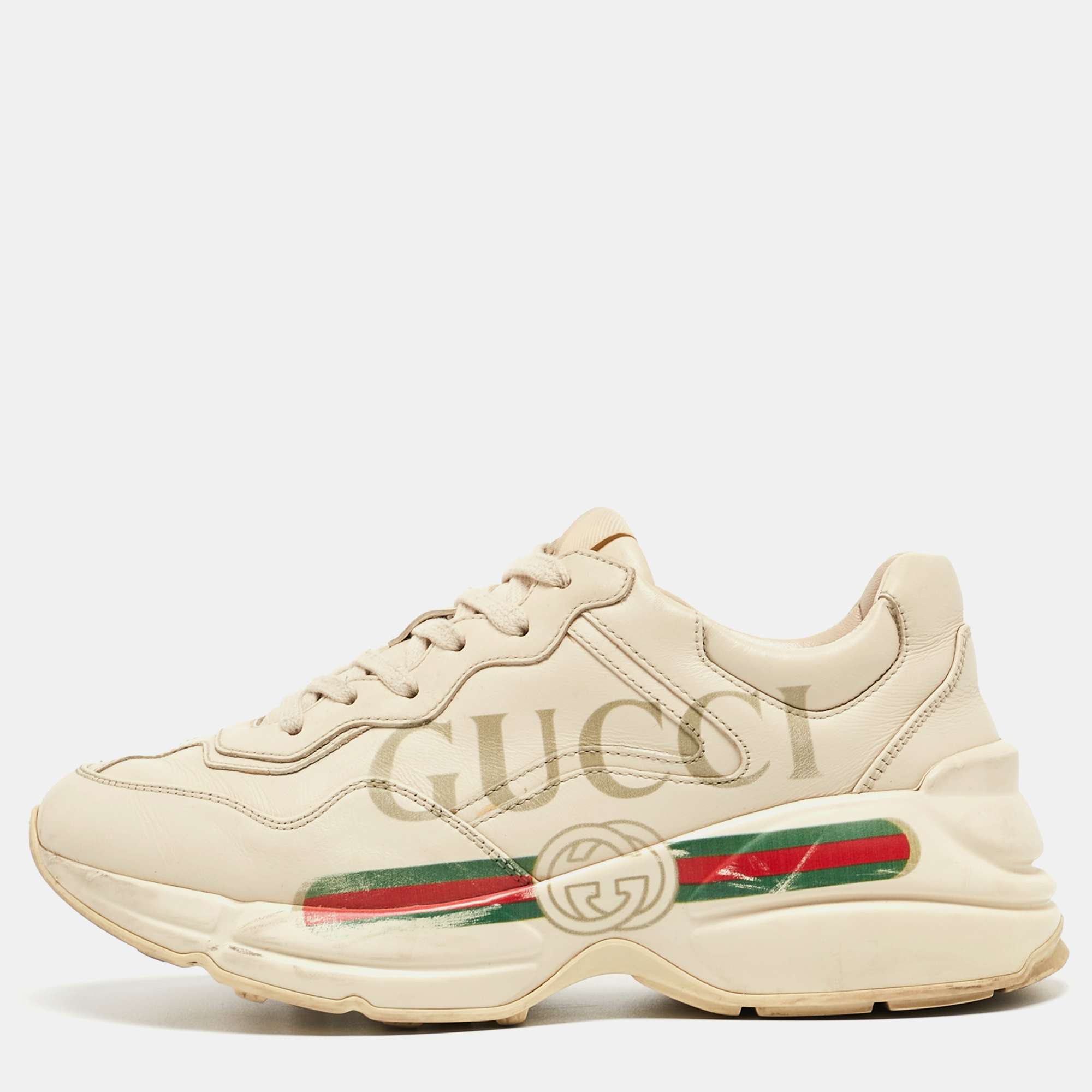 Gucci Cream Leather Logo Print Rhyton Sneakers Size 37.5