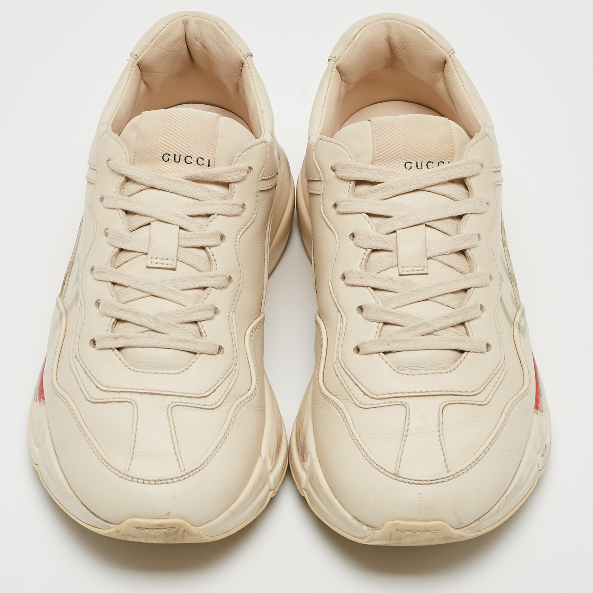 Gucci Cream Leather Logo Print Rhyton Sneakers Size 37.5