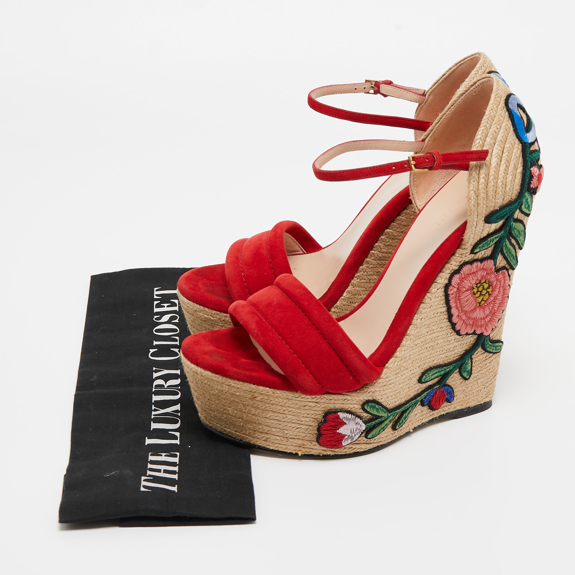 Gucci Red Suede Floral Embroidered Wedge Platform Ankle Strap Espadrilles Size 37