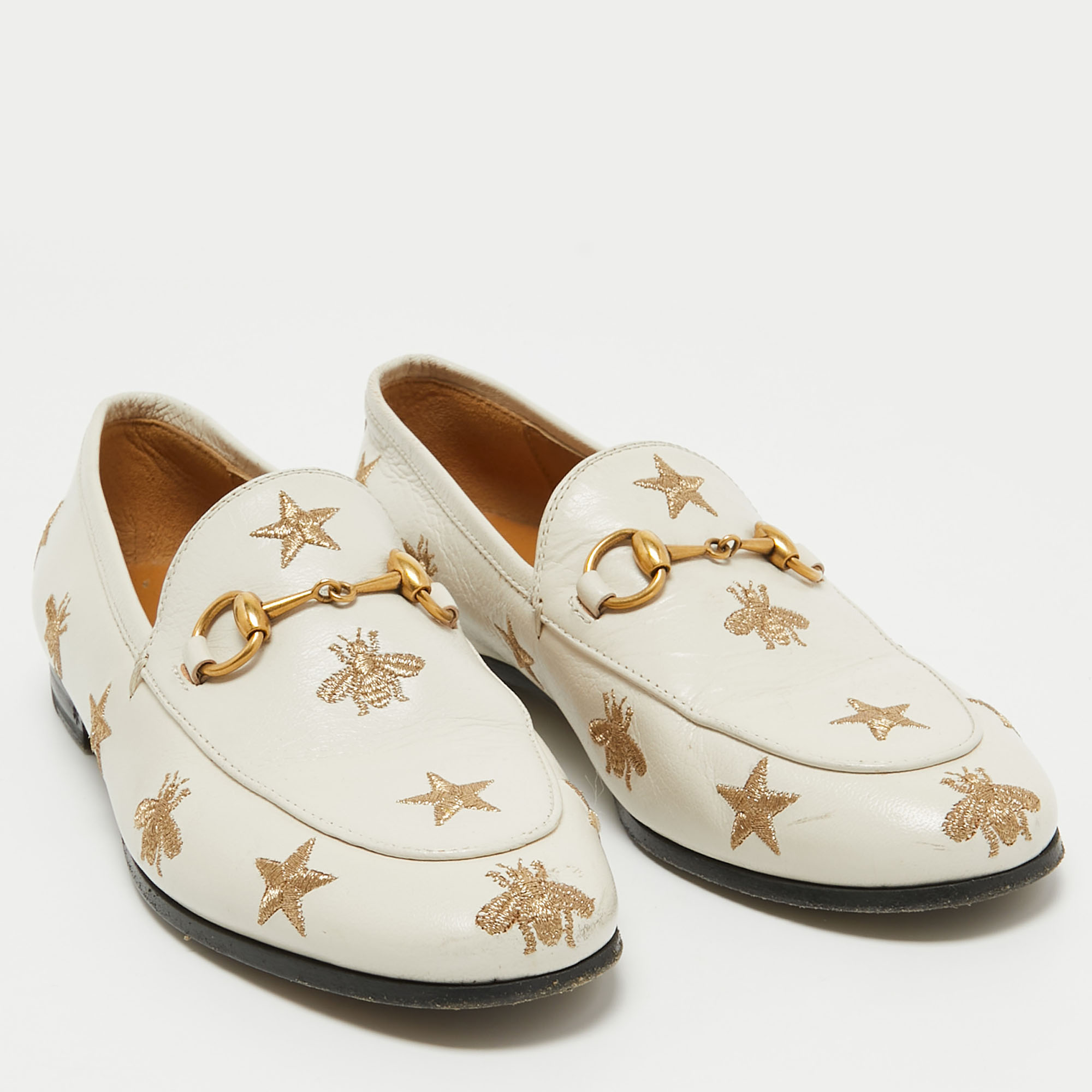 Gucci Cream Leather Jordaan Embroidered Bee Horsebit Slip On Loafers Size 35