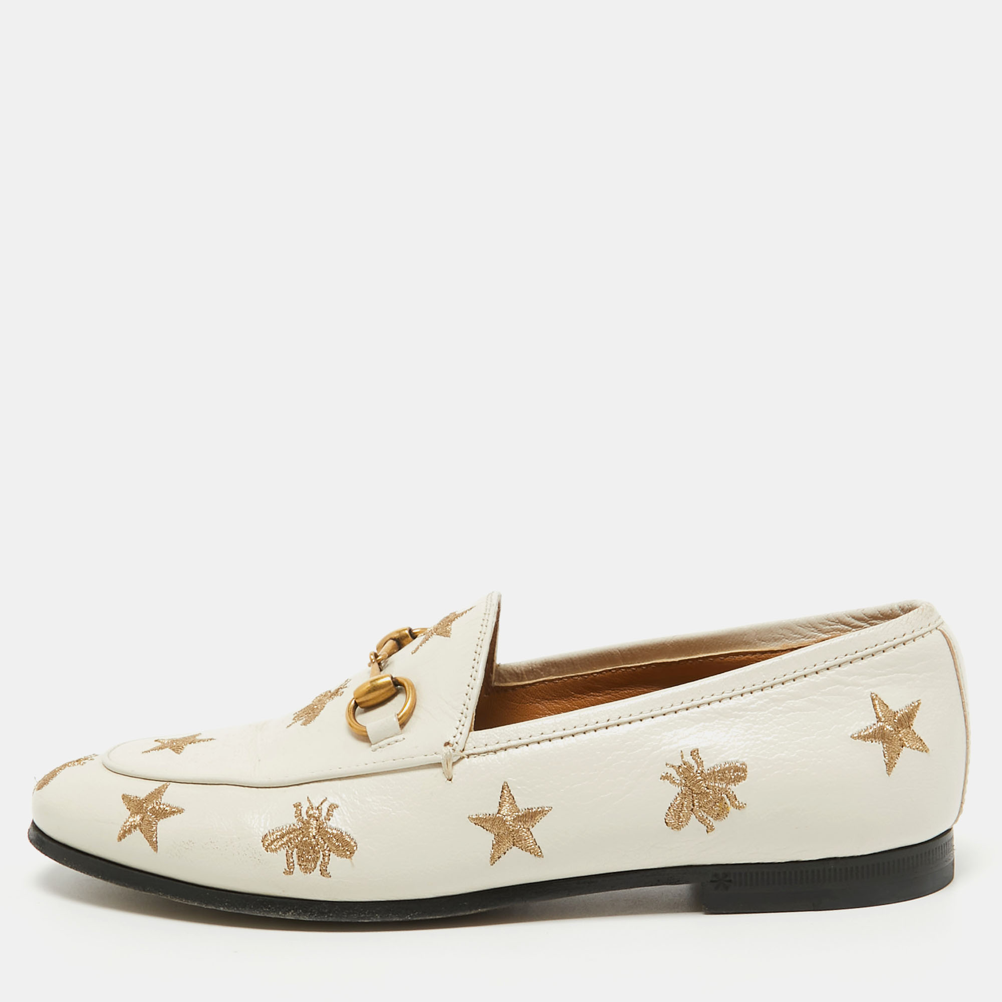 Gucci cream leather jordaan embroidered bee horsebit slip on loafers size 35