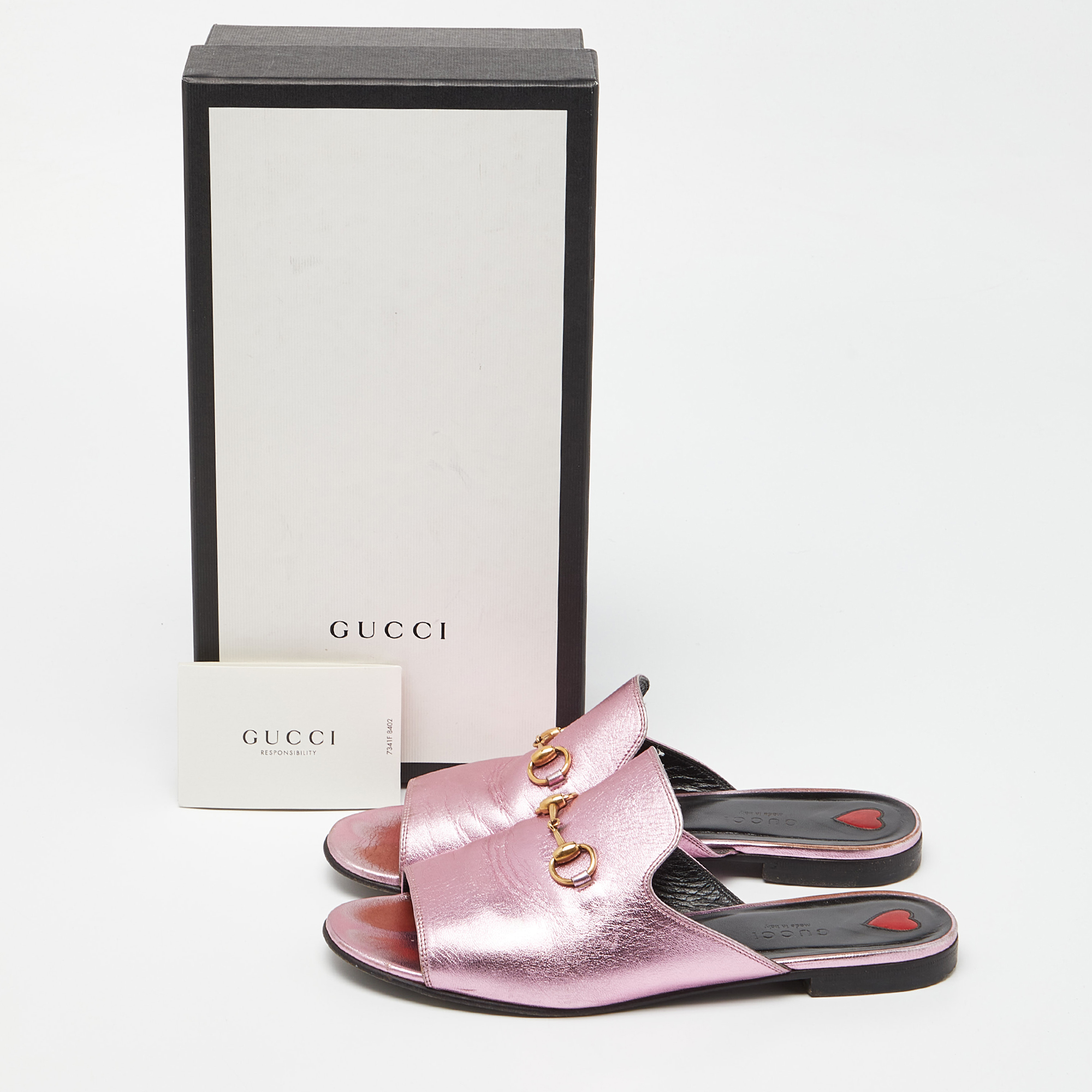 Gucci Pink Leather Horsebit Open Toe Flat Slides Size 38