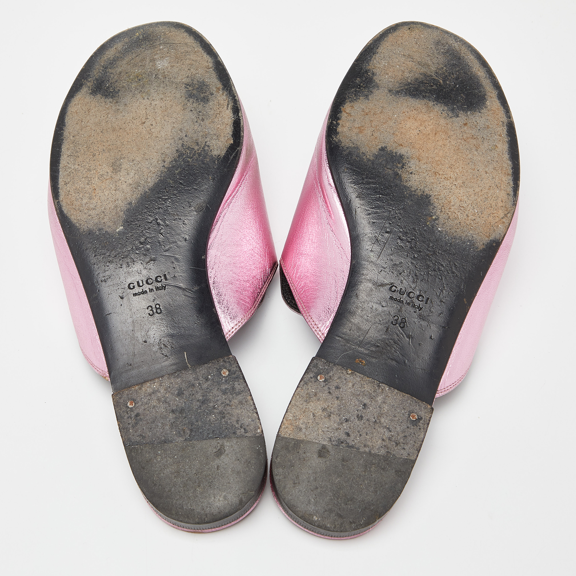 Gucci Pink Leather Horsebit Open Toe Flat Slides Size 38