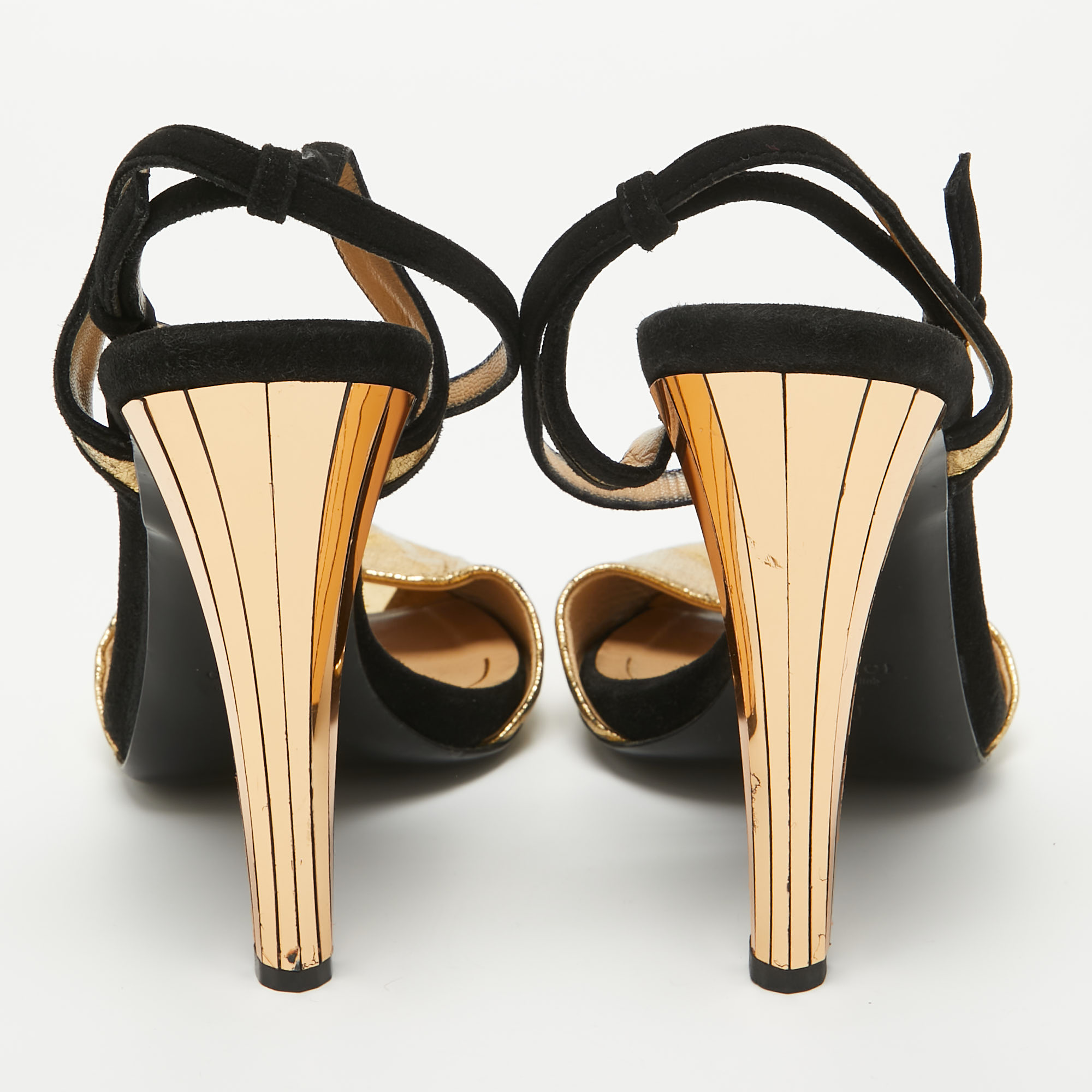 Gucci Gold/Black Leather And Suede Ankle Strap Sandals Size 40