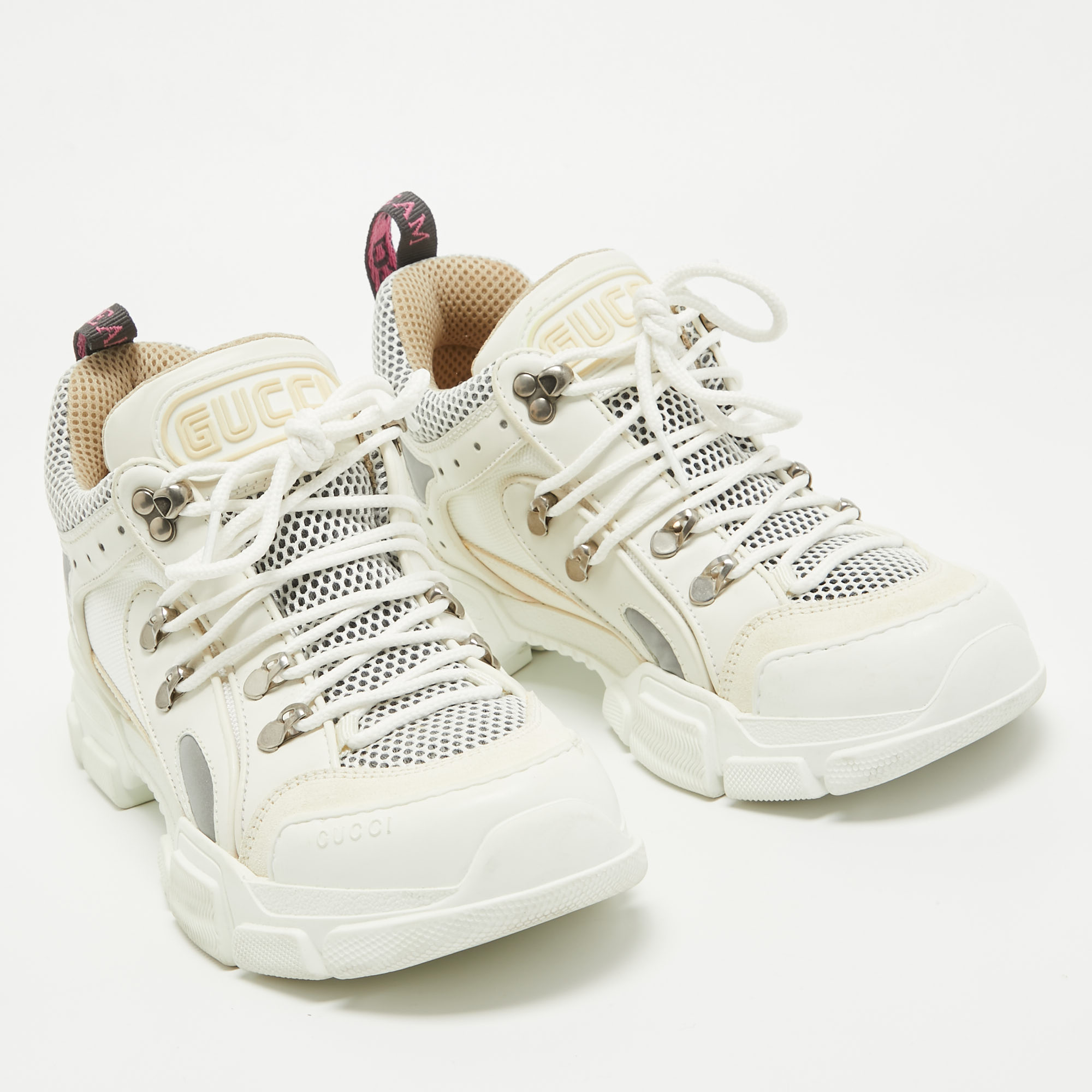 Gucci White/Cream Canvas Leather Flashtrek Sneakers Size 39.5