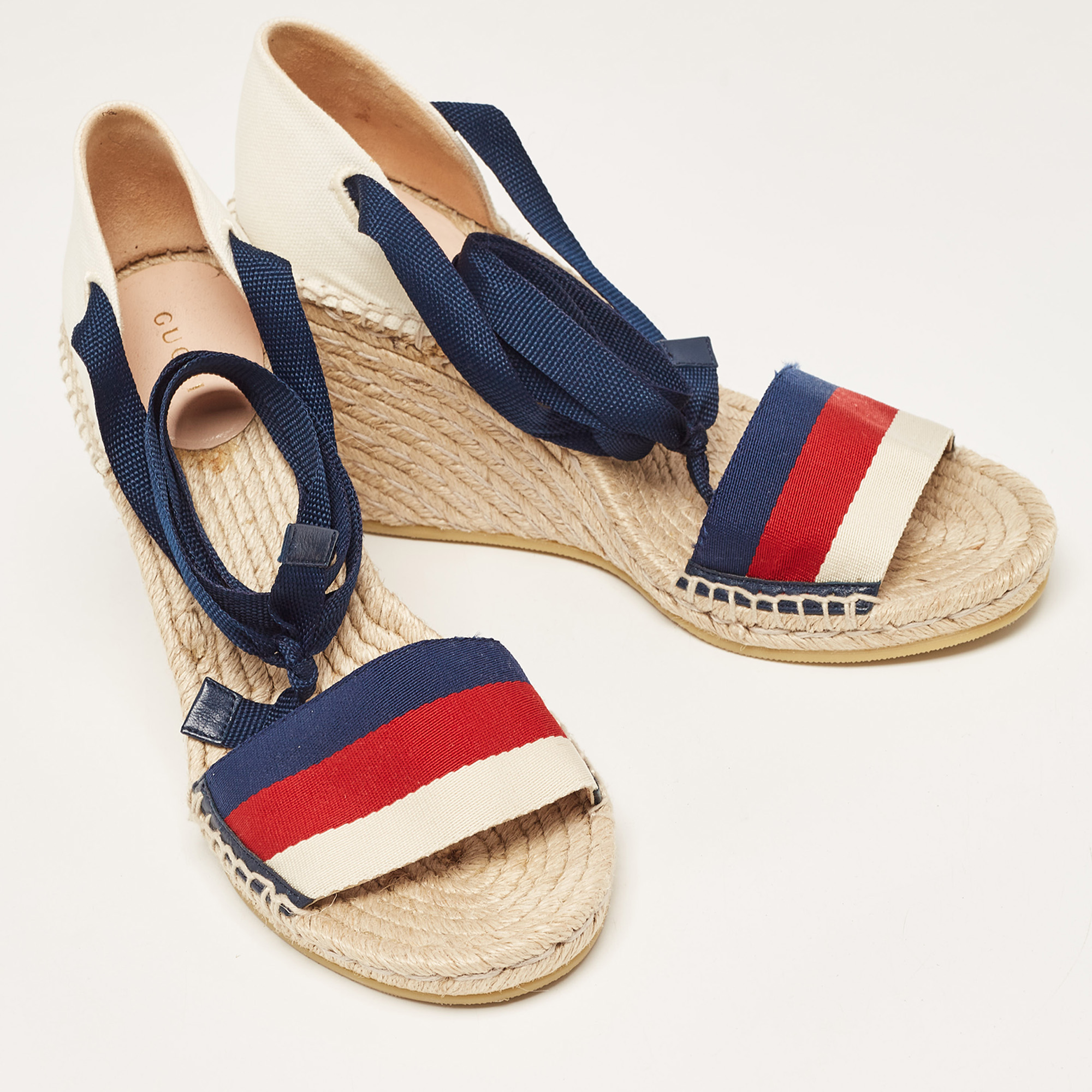 Gucci Multicolor Canvas Lilibeth Sylvie Web Wedge Sandals Size 40