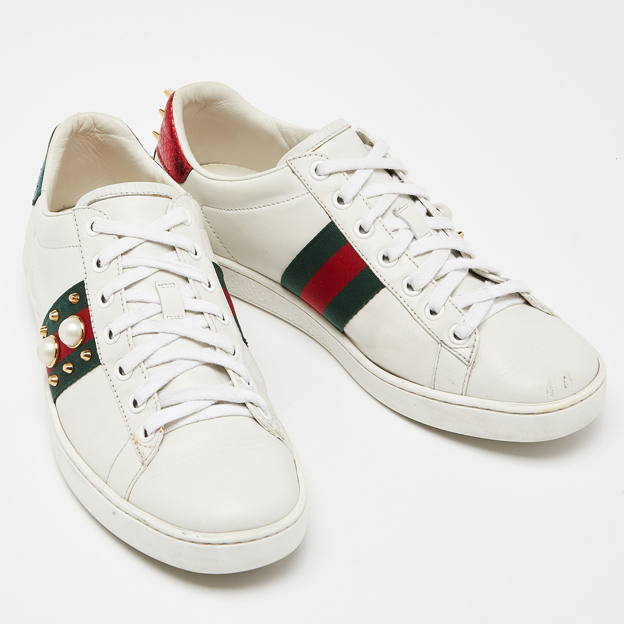 Gucci White Leather Faux Pearl And Spike Embellished Ace Sneakers Size 38