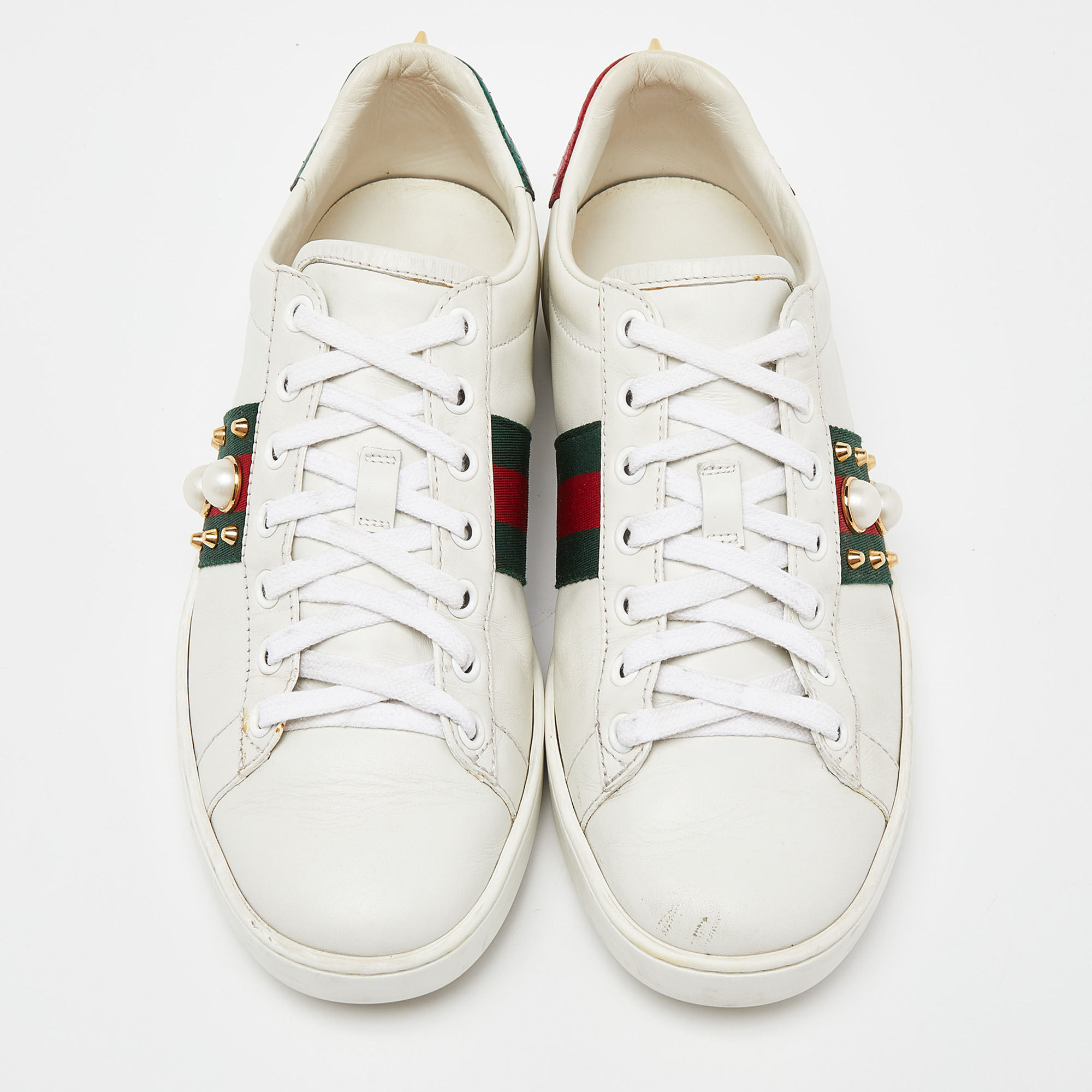 Gucci White Leather Faux Pearl And Spike Embellished Ace Sneakers Size 38