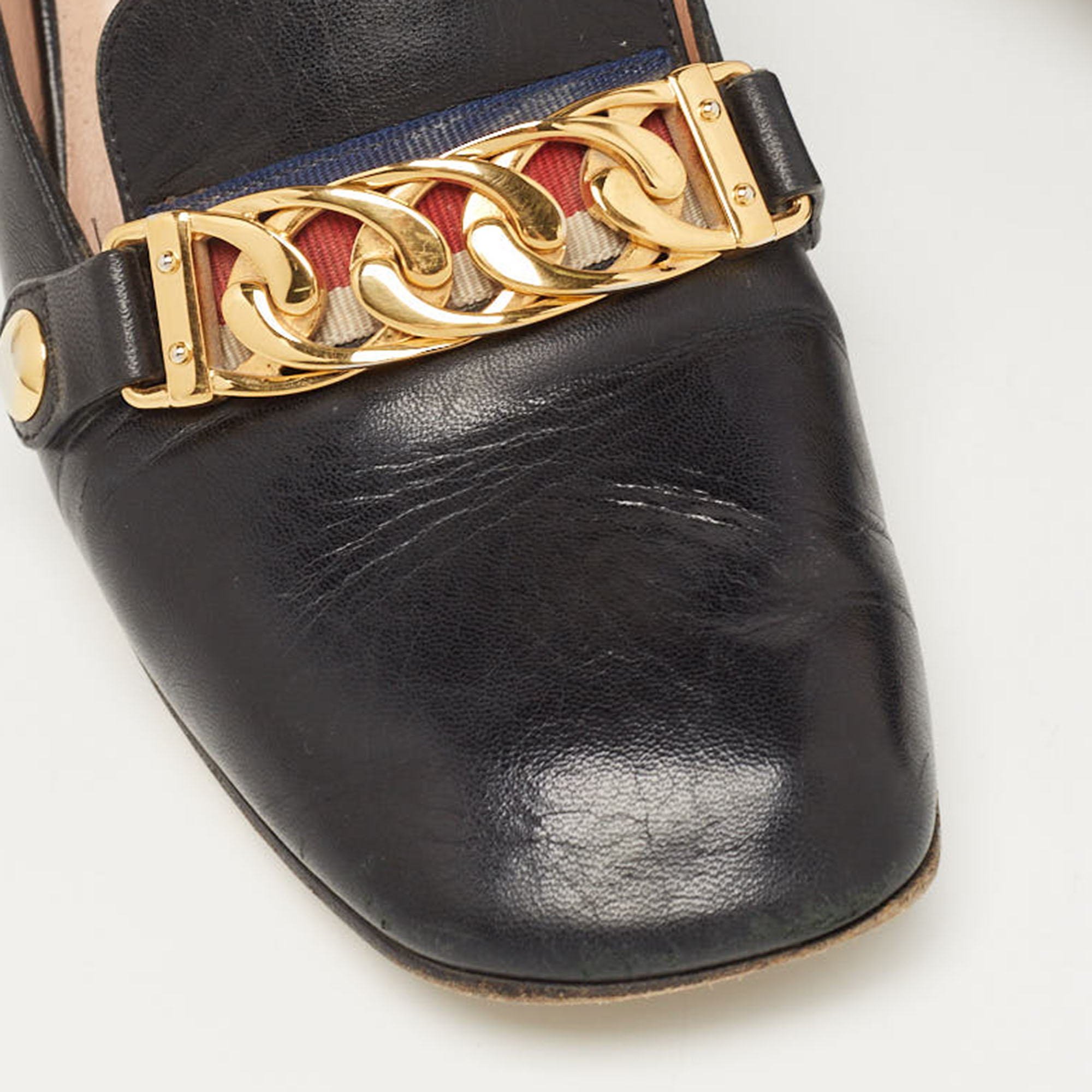 Gucci Black Leather Web Chain Link Detail Block Heel Pumps Size 37