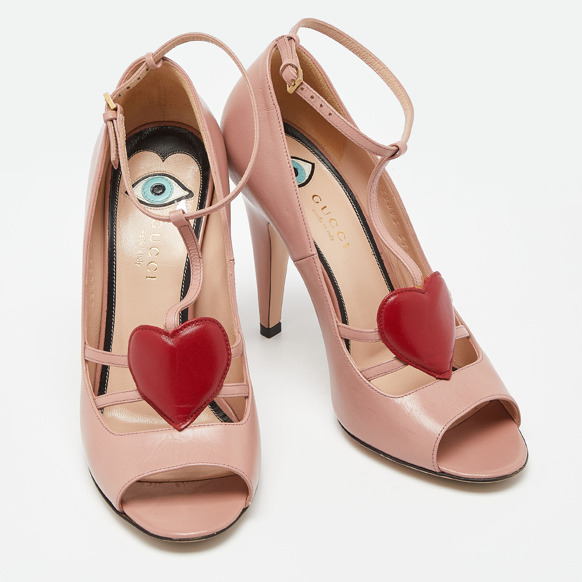 Gucci Pink Leather Molina Crystal Heart T-Strap Pumps Size 37.5