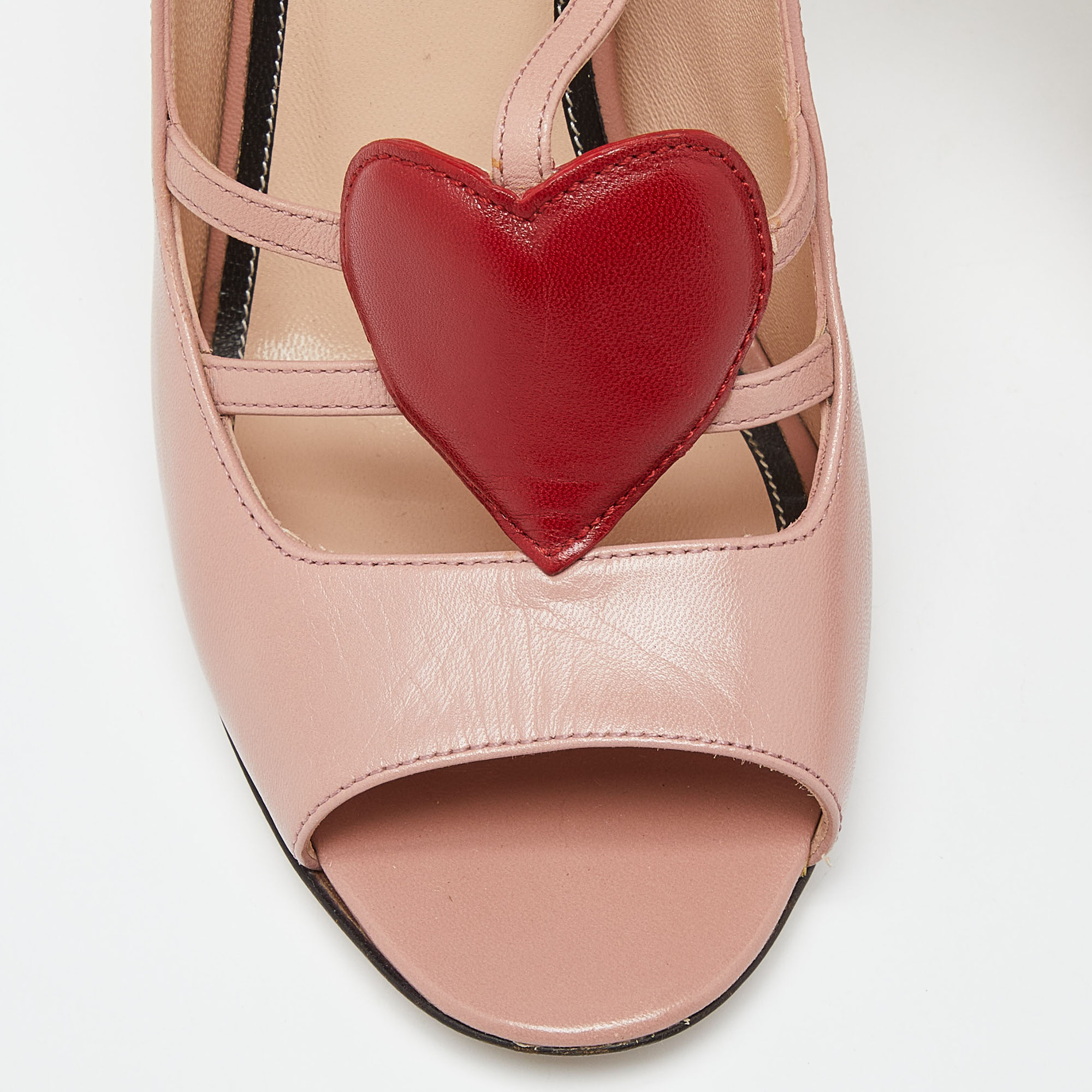 Gucci Pink Leather Molina Crystal Heart T-Strap Pumps Size 37.5